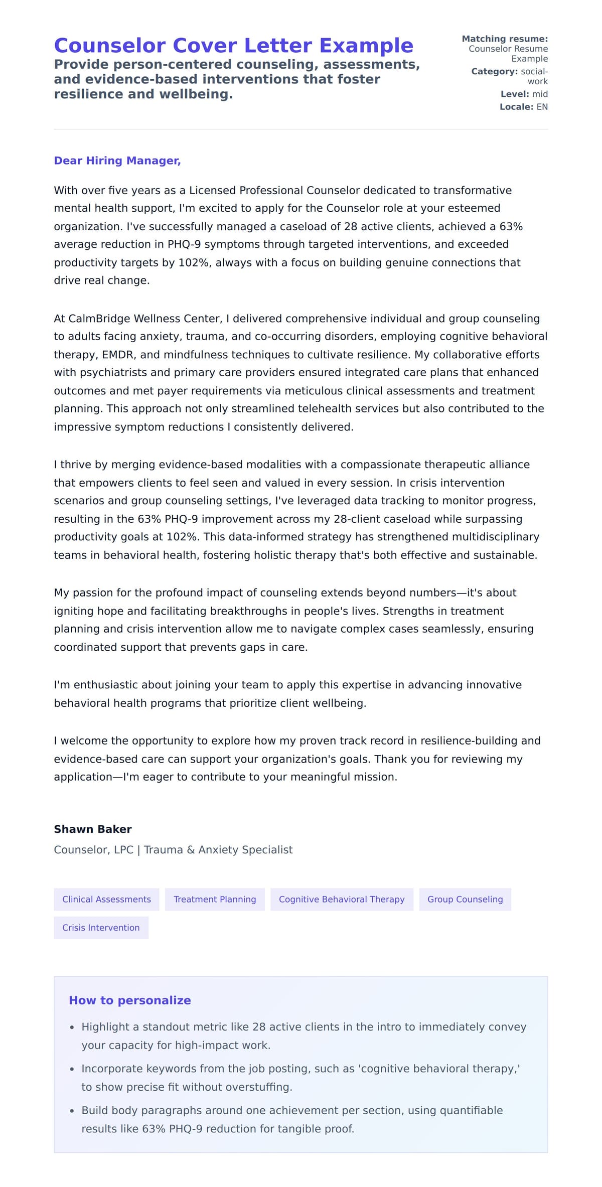 Cover Letter preview for Counselor Cover Letter Example