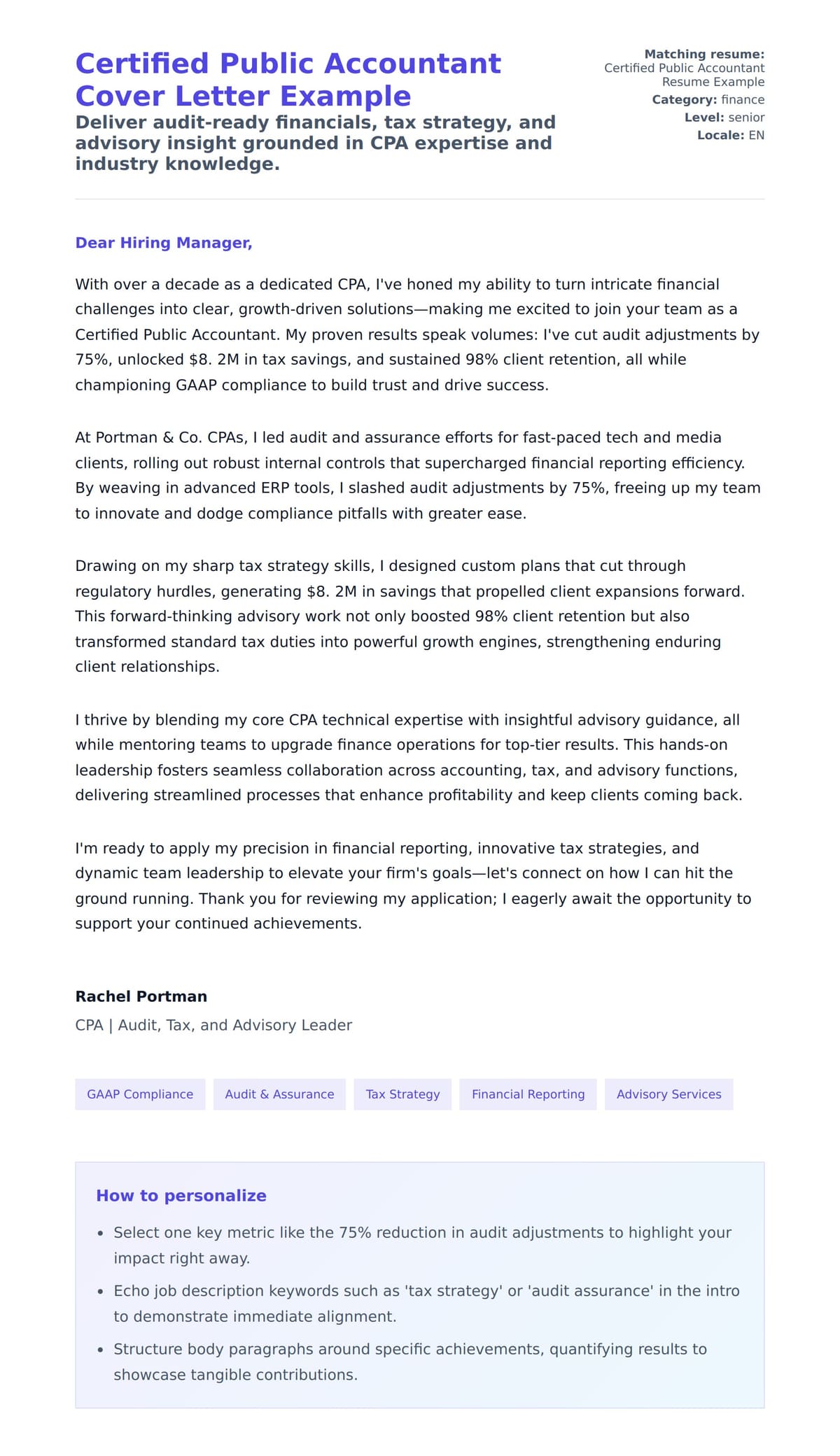 Cover Letter preview for Certified Public Accountant Cover Letter Example