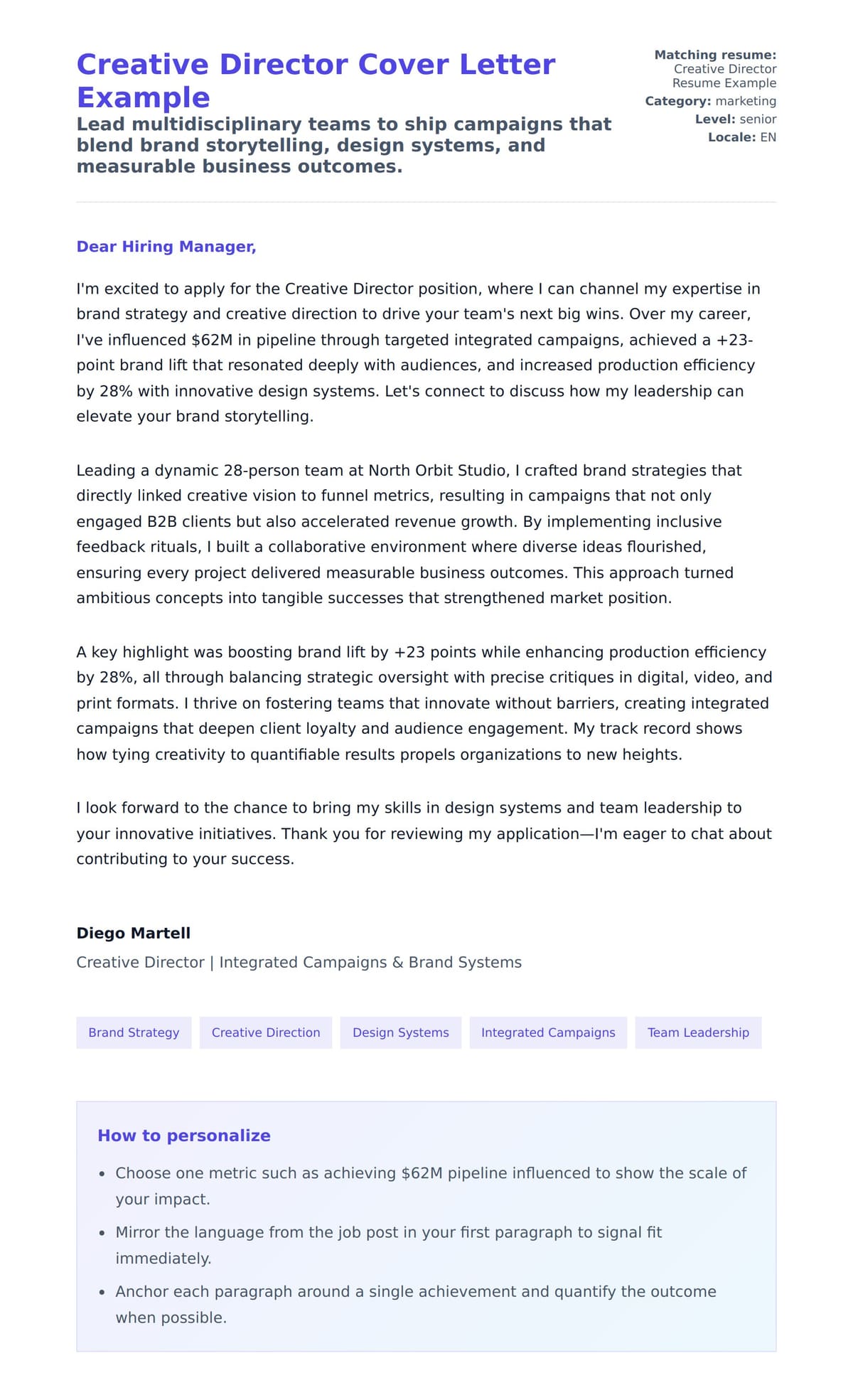 Cover Letter preview for Creative Director Cover Letter Example