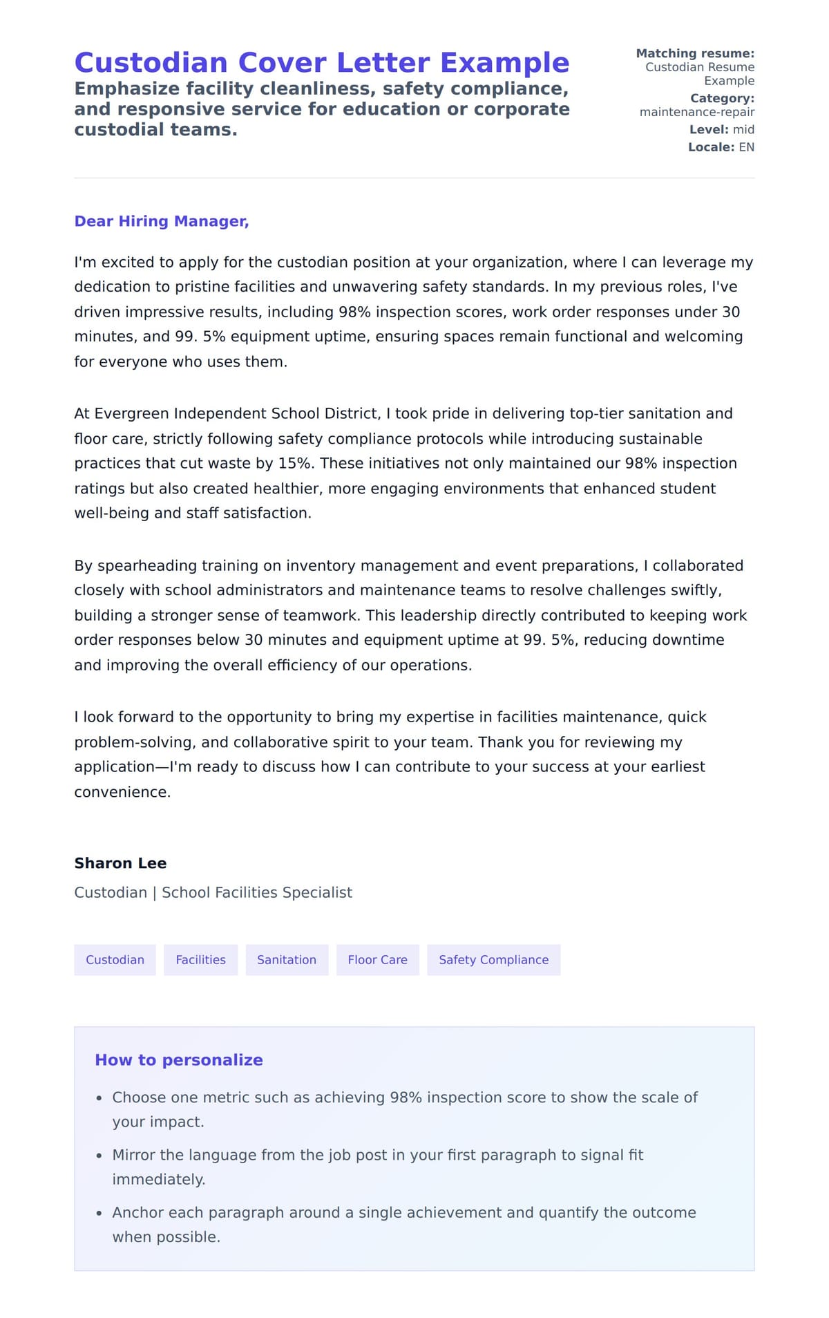 Cover Letter preview for Custodian Cover Letter Example