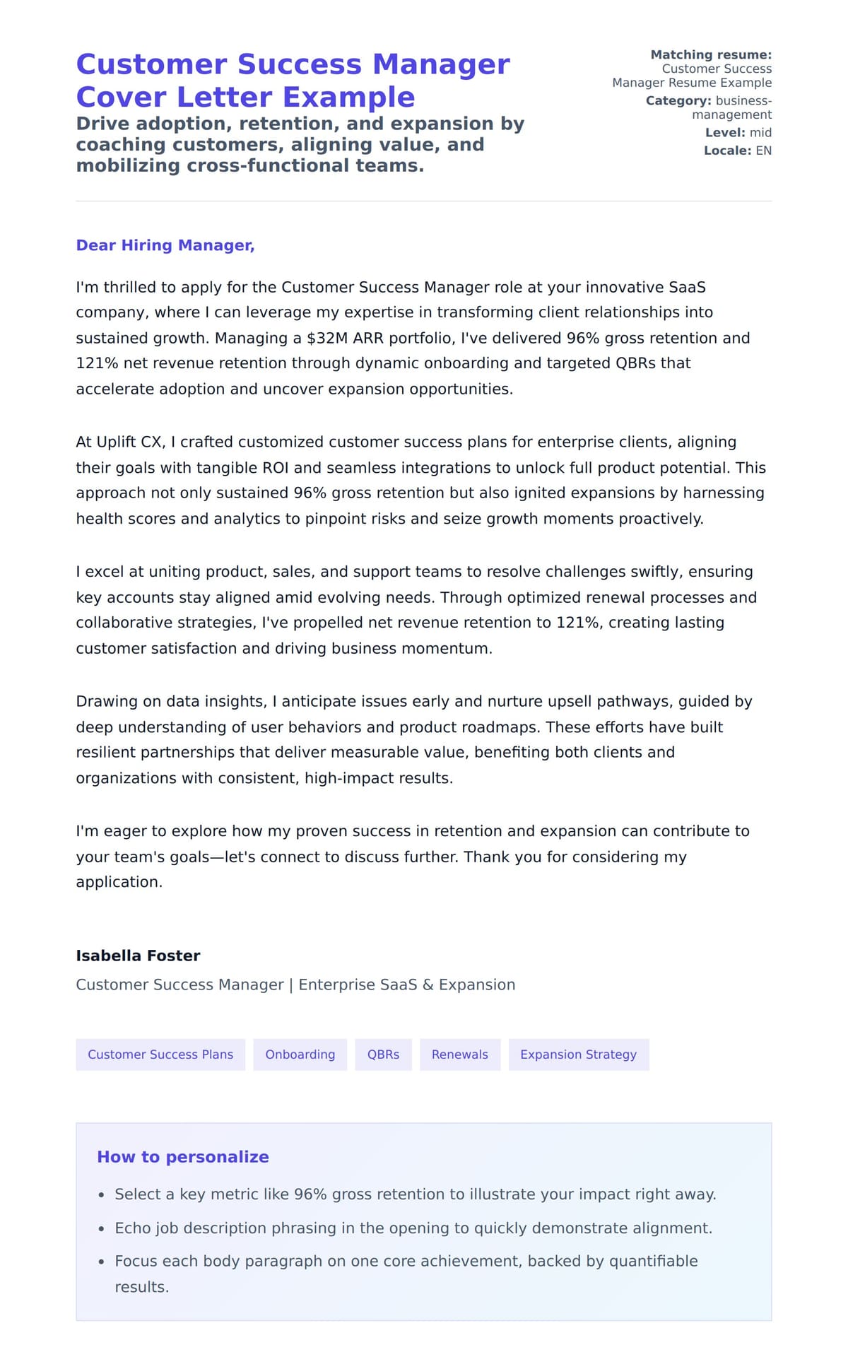 Cover Letter preview for Customer Success Manager Cover Letter Example