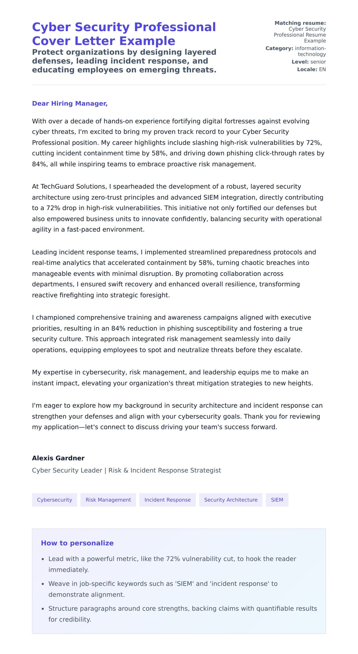 Cover Letter preview for Cyber Security Professional Cover Letter Example