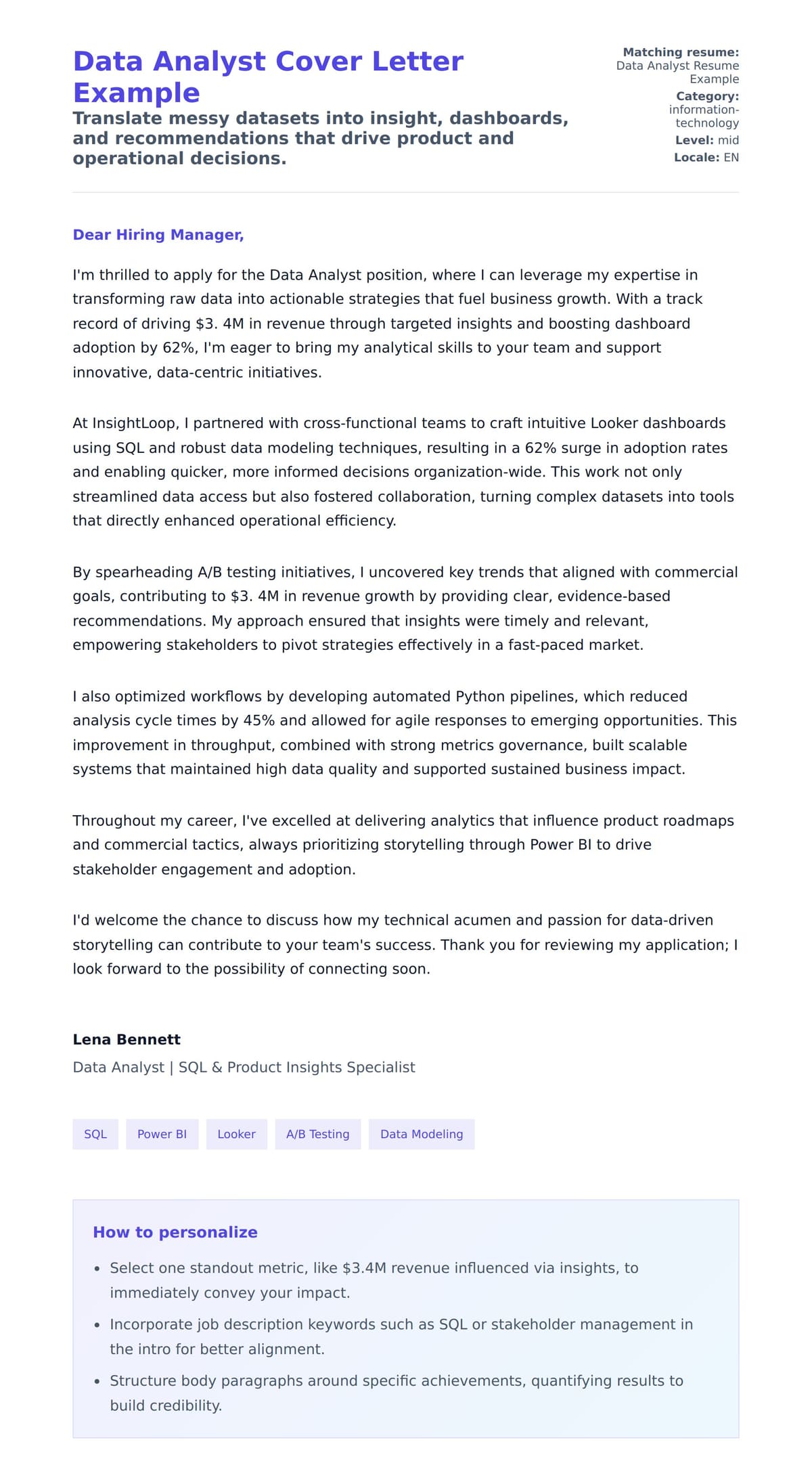Cover Letter preview for Data Analyst Cover Letter Example