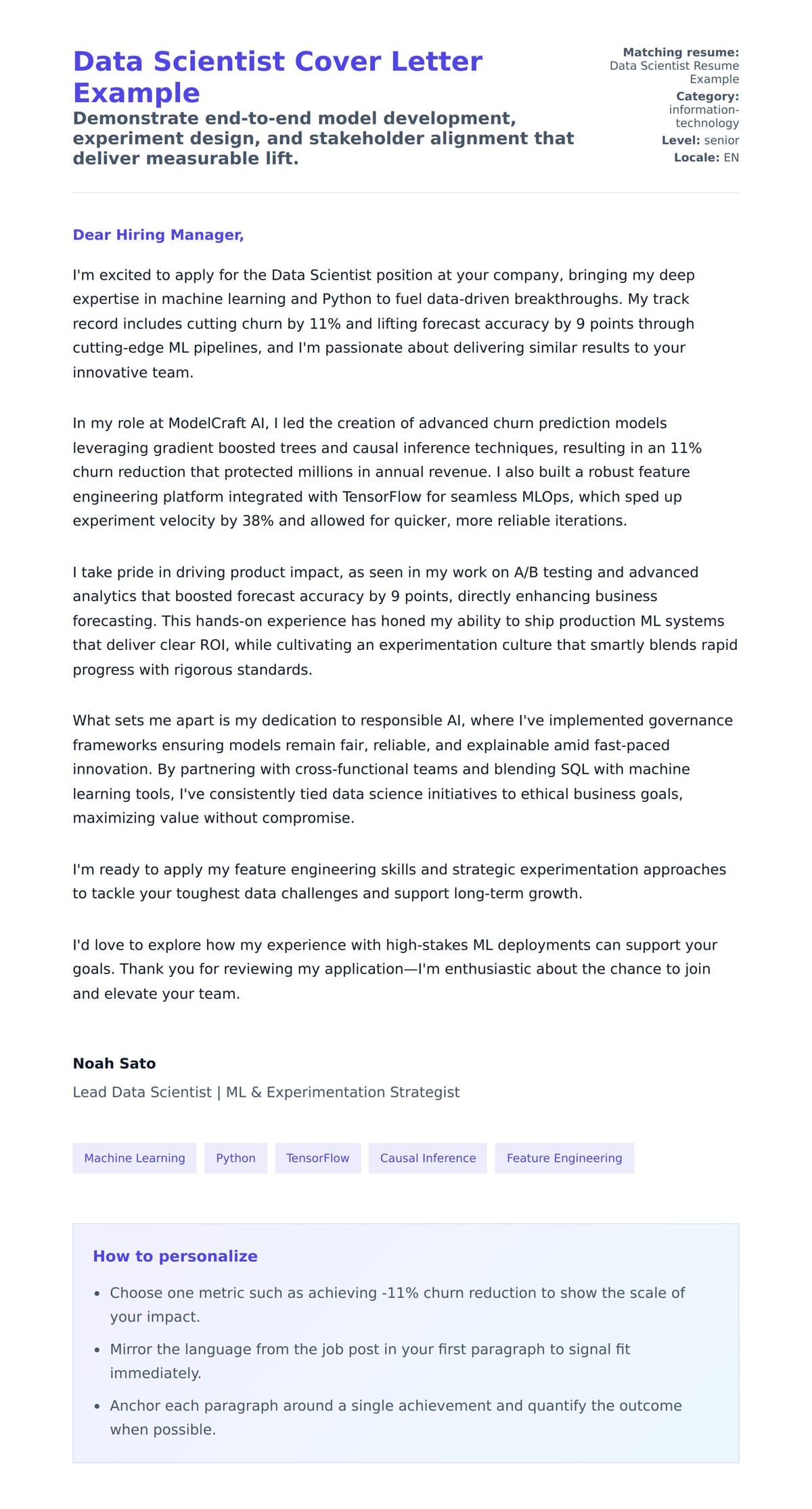 Cover Letter preview for Data Scientist Cover Letter Example