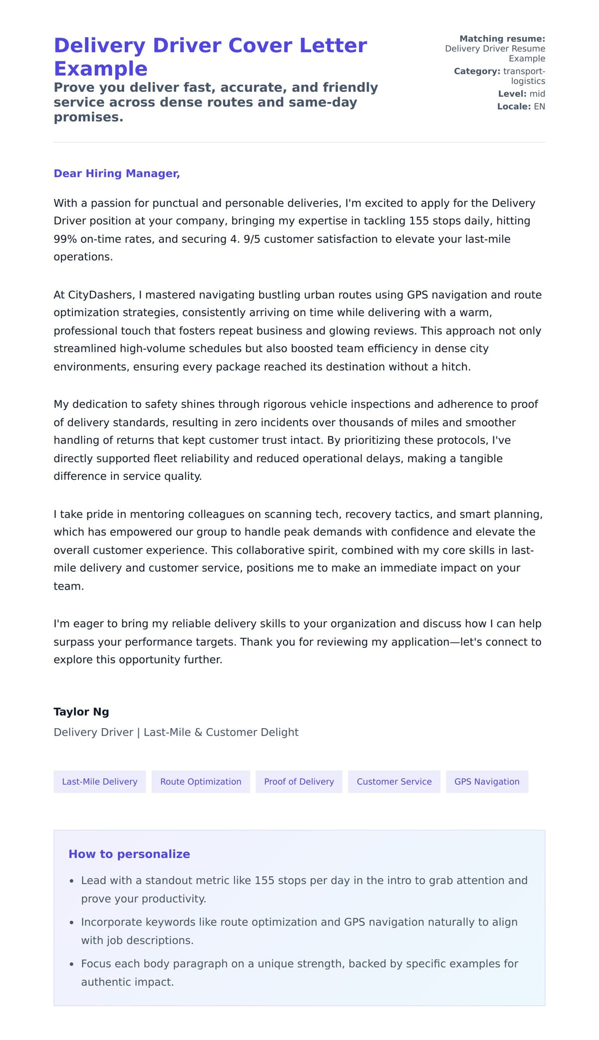 Cover Letter preview for Delivery Driver Cover Letter Example