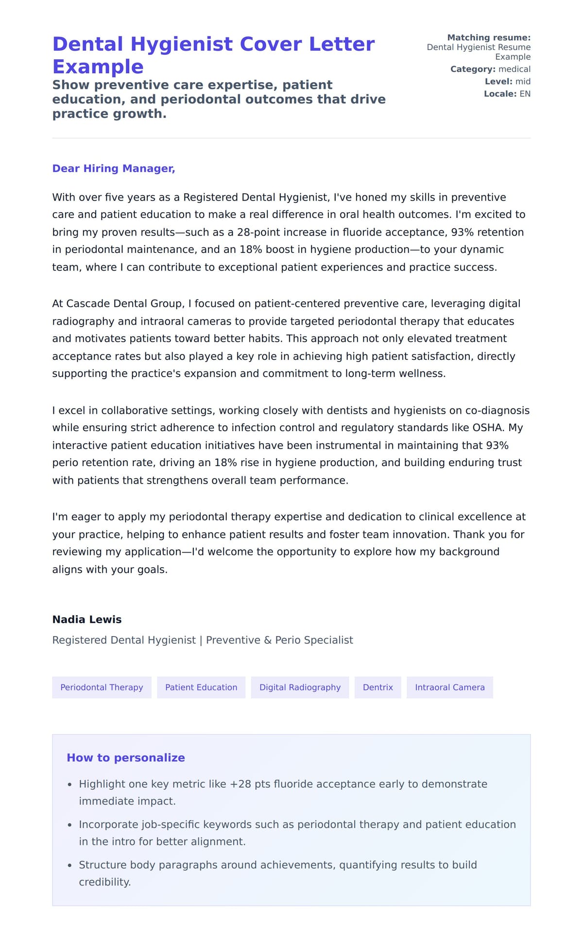Cover Letter preview for Dental Hygienist Cover Letter Example