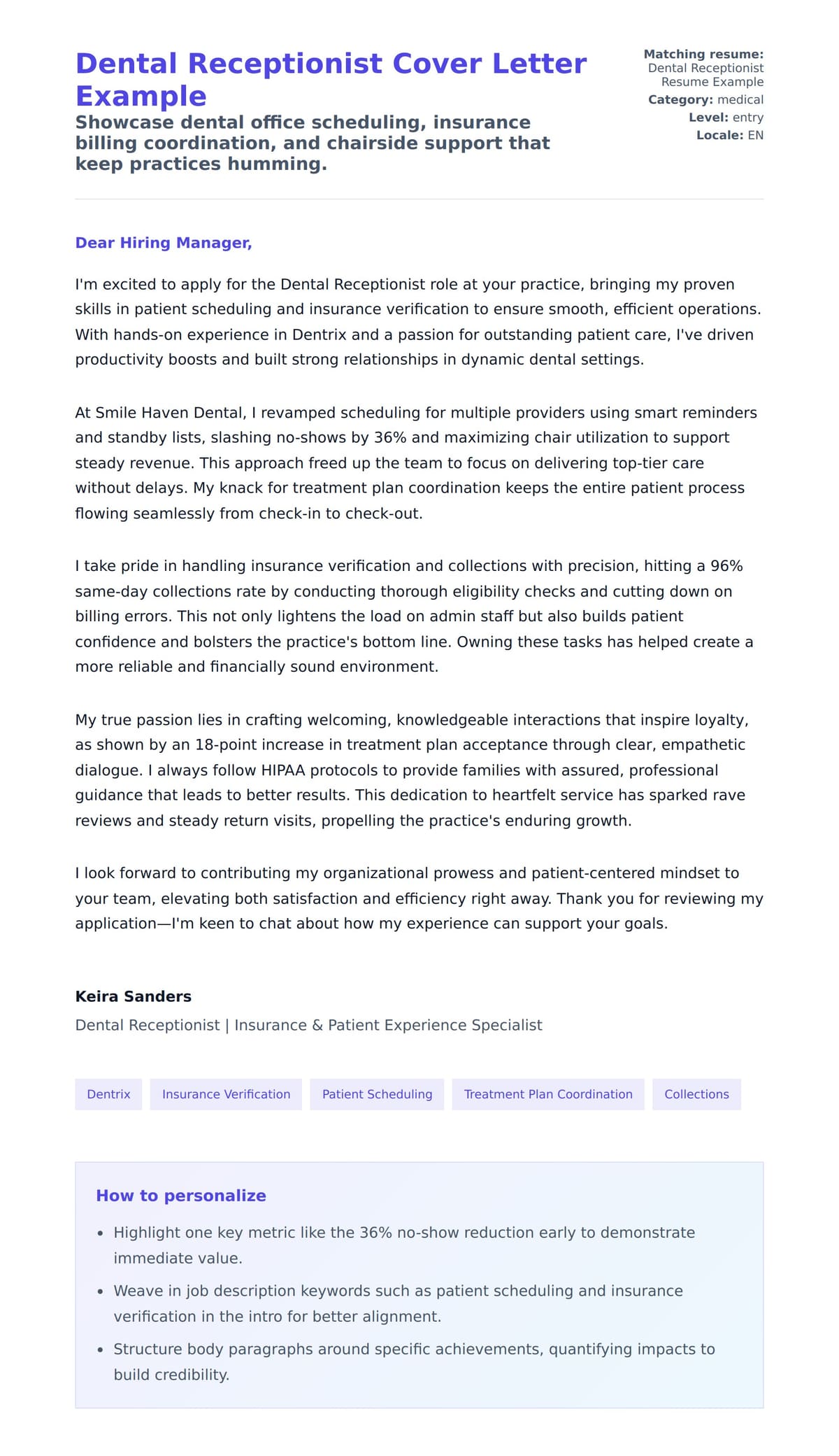 Cover Letter preview for Dental Receptionist Cover Letter Example