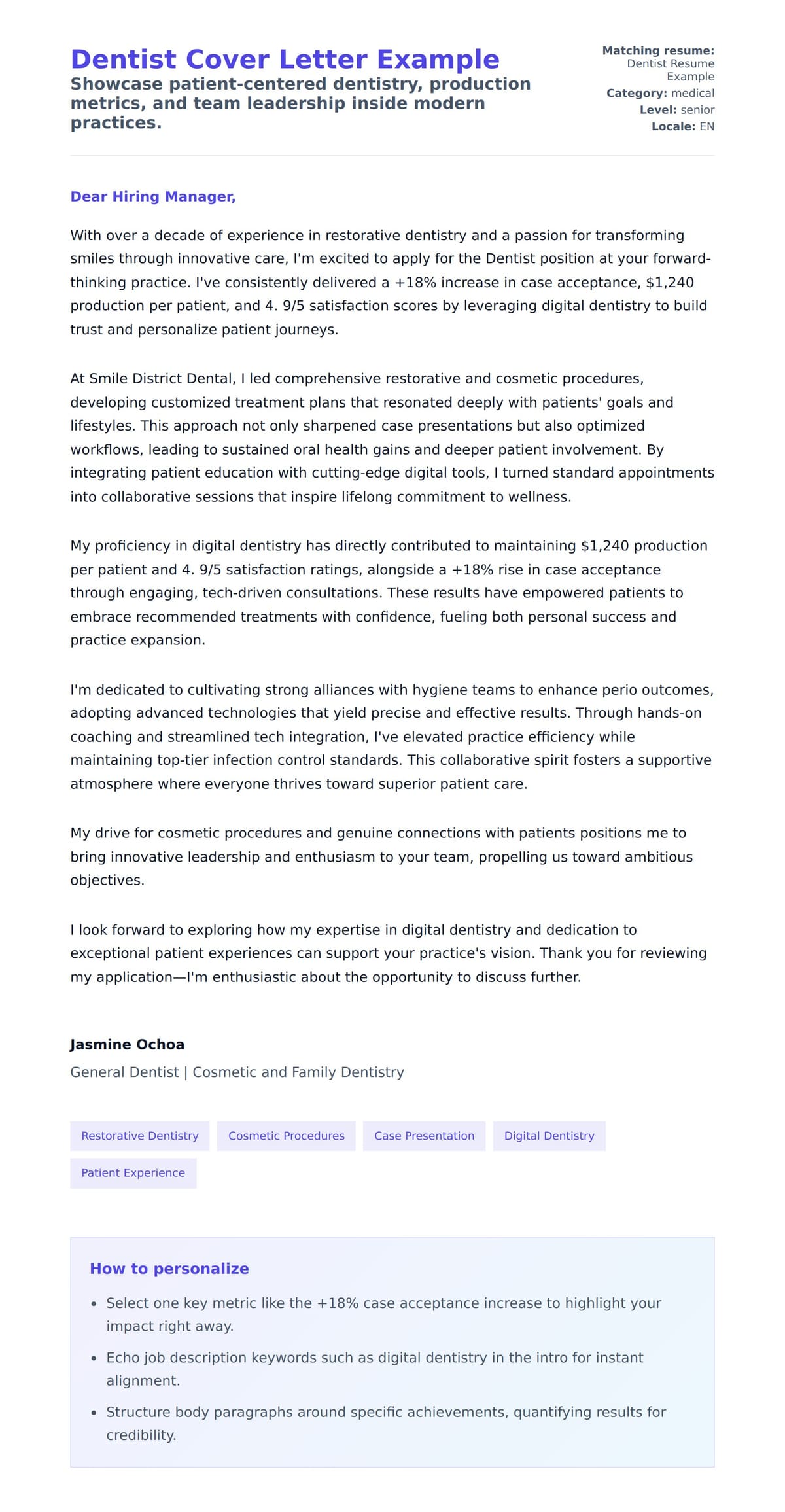 Cover Letter preview for Dentist Cover Letter Example