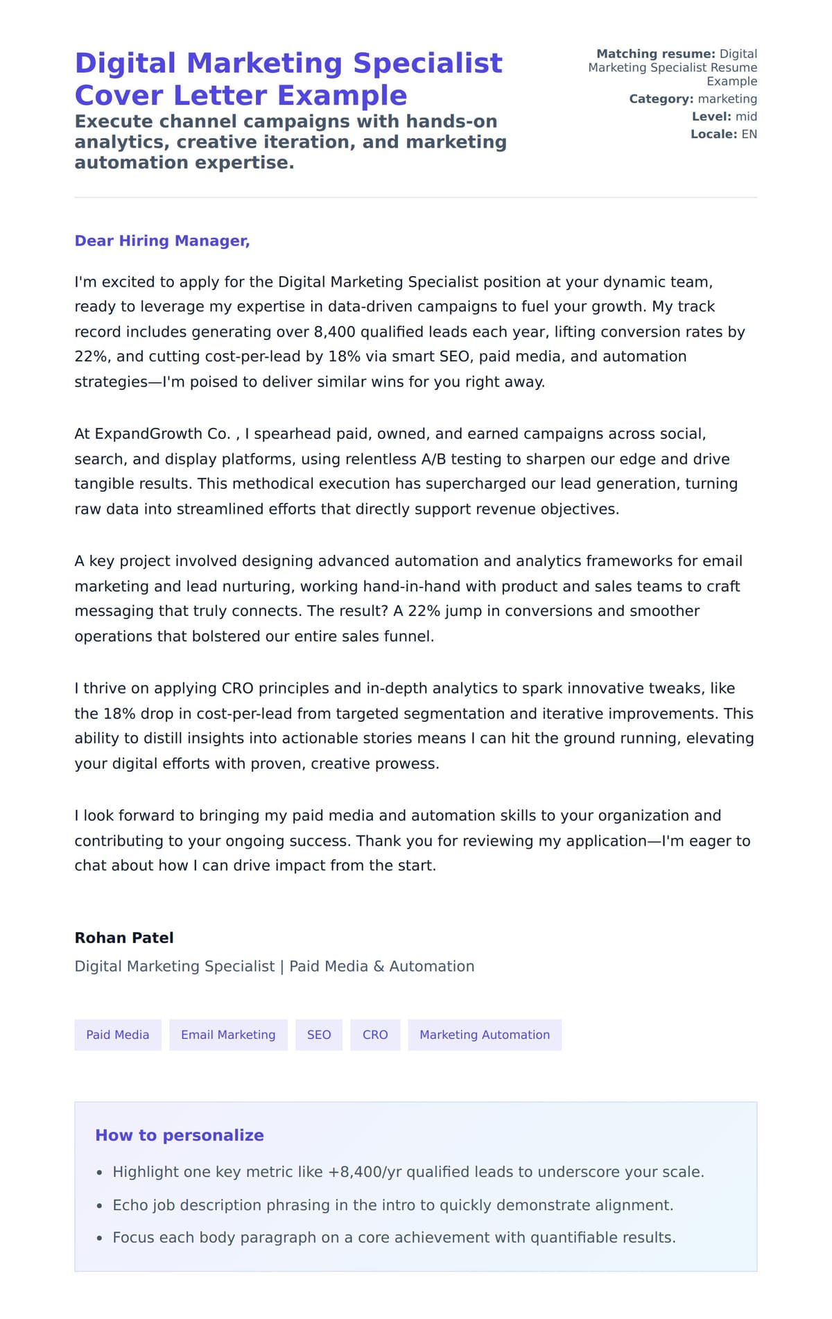 Cover Letter preview for Digital Marketing Specialist Cover Letter Example