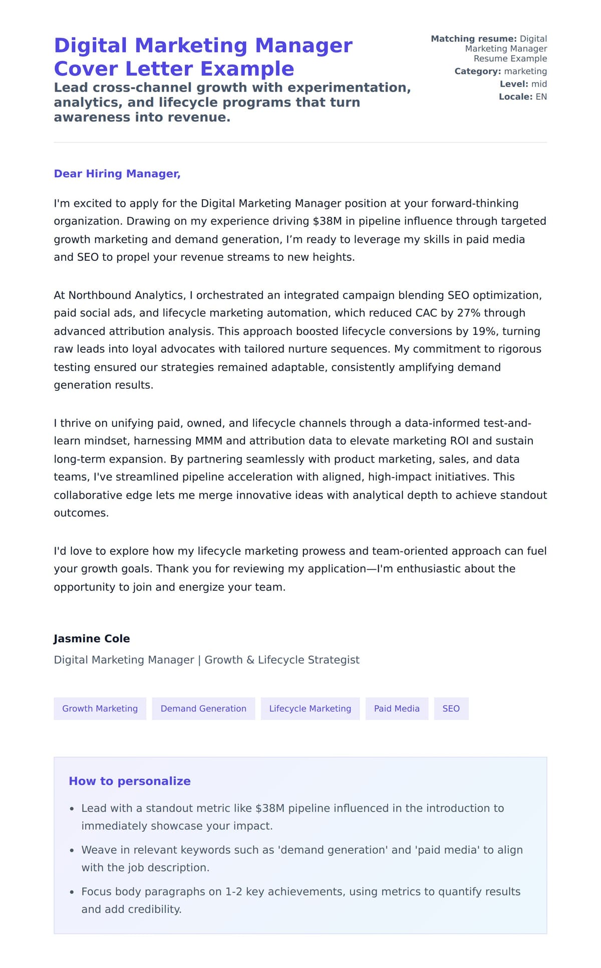 Cover Letter preview for Digital Marketing Manager Cover Letter Example