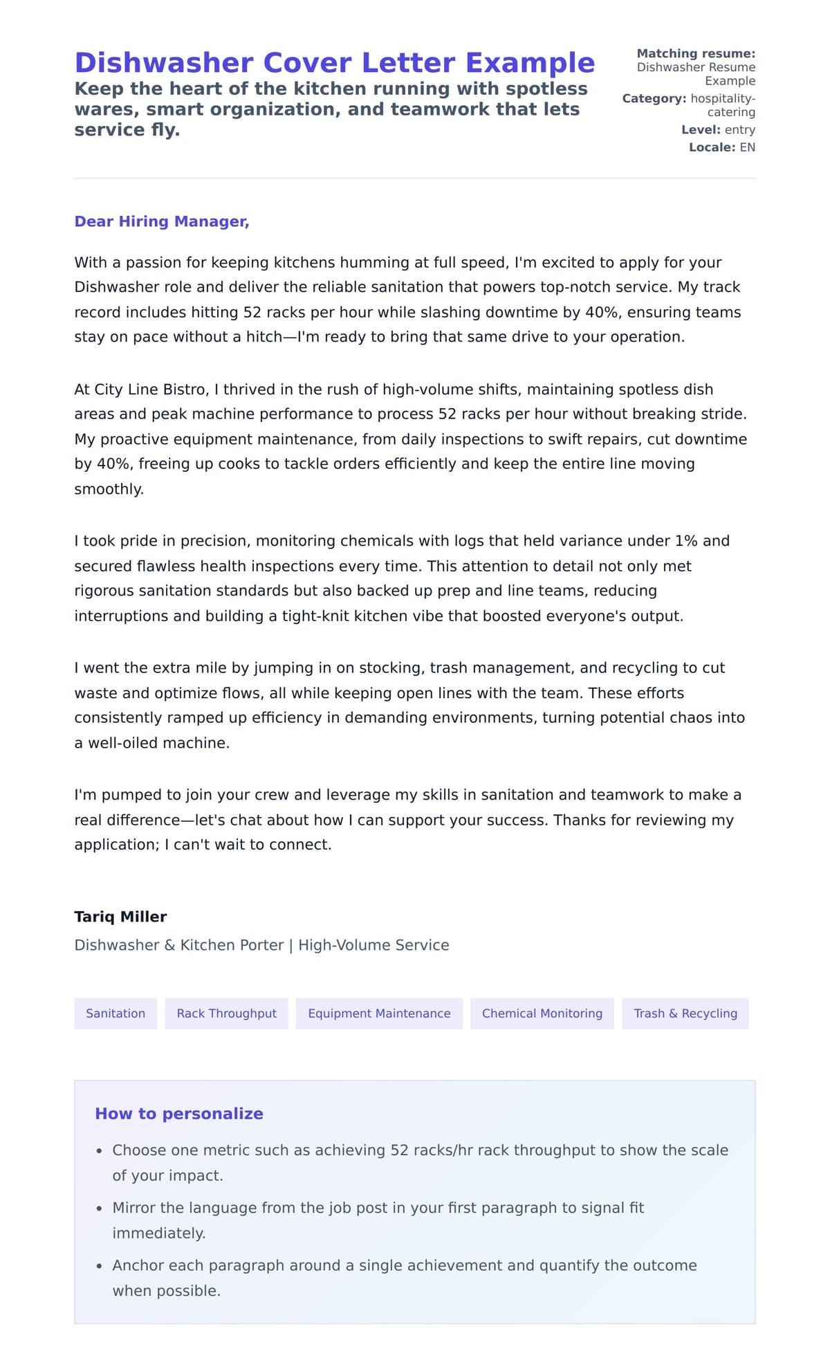 Cover Letter preview for Dishwasher Cover Letter Example