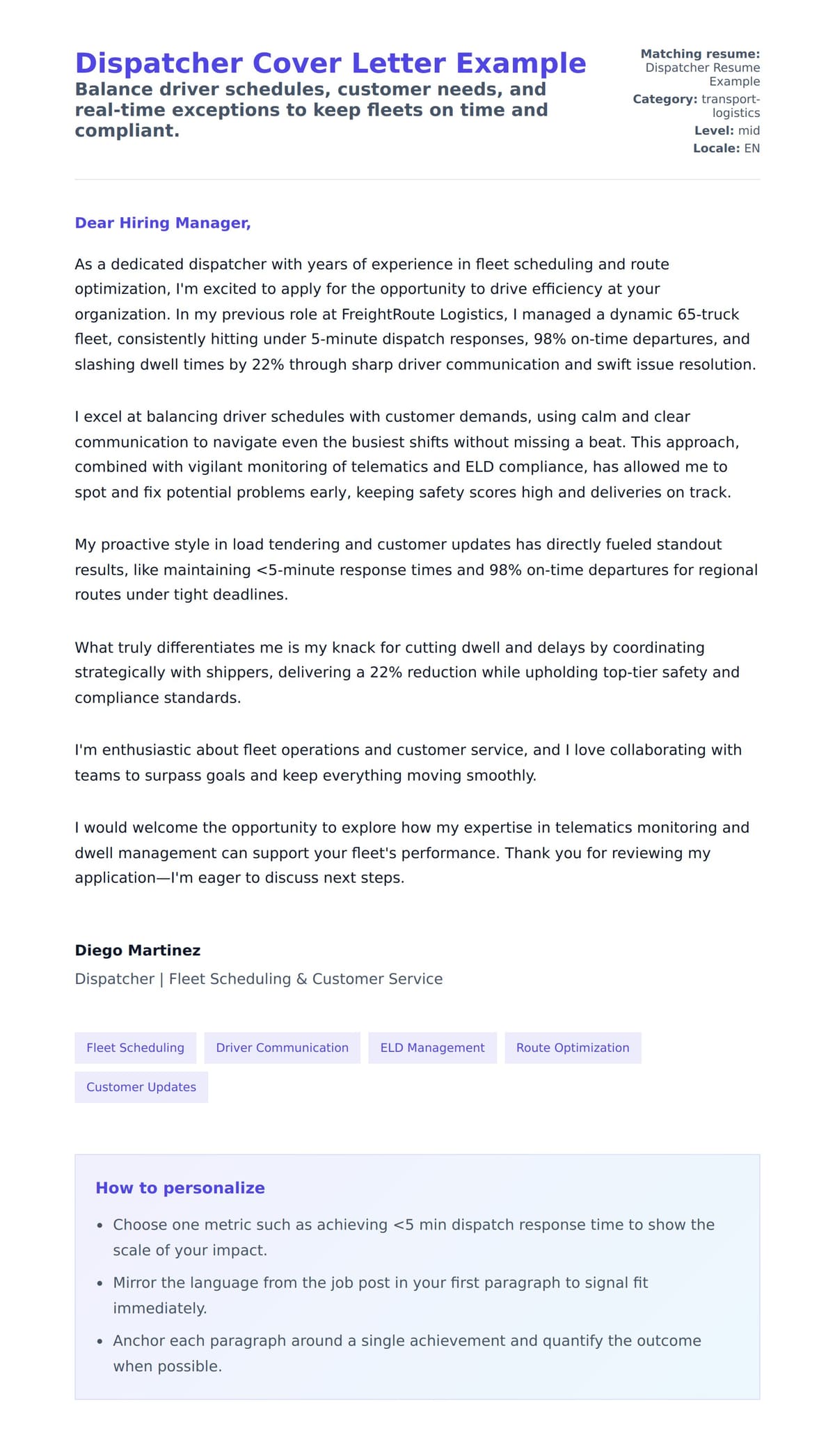 Cover Letter preview for Dispatcher Cover Letter Example