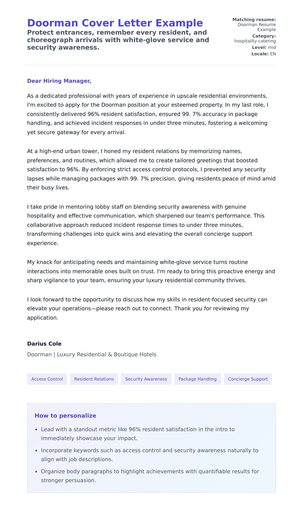 Cover Letter preview for Doorman Cover Letter Example