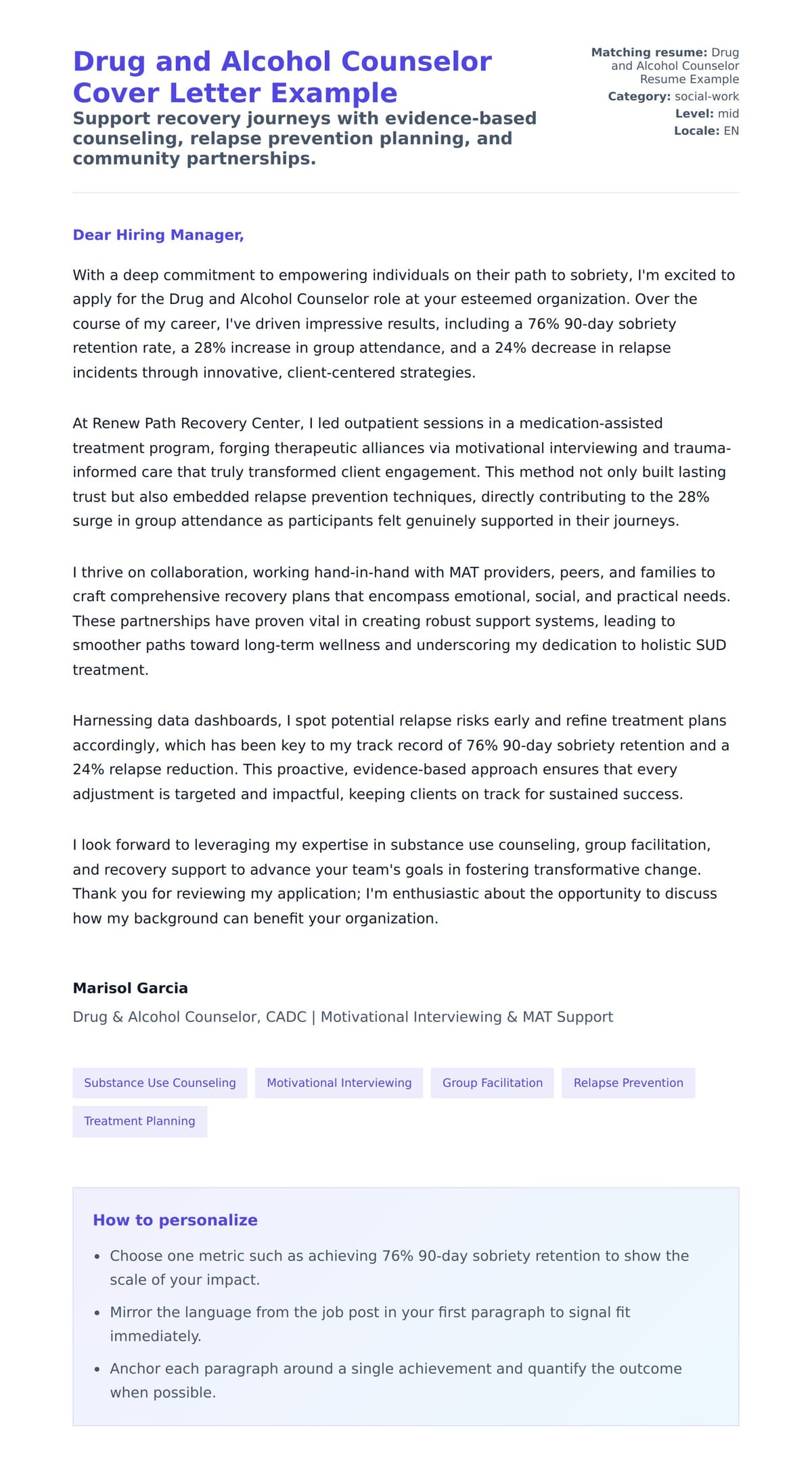 Cover Letter preview for Drug and Alcohol Counselor Cover Letter Example