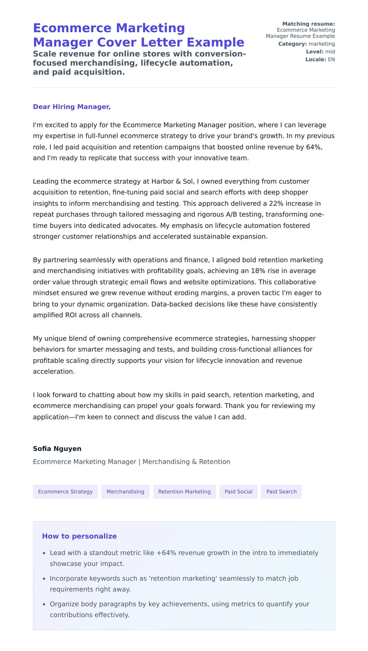Cover Letter preview for Ecommerce Marketing Manager Cover Letter Example