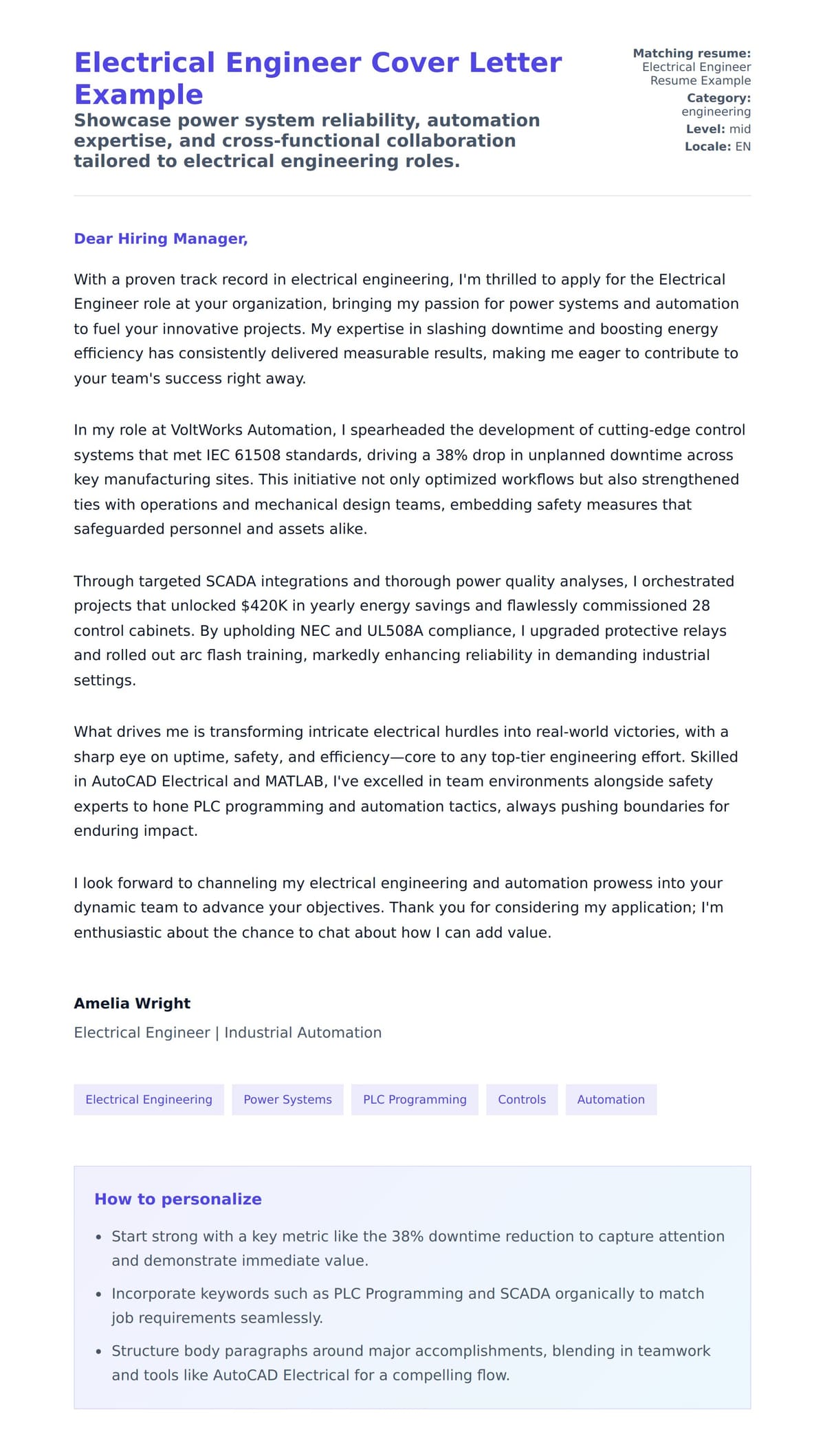 Cover Letter preview for Electrical Engineer Cover Letter Example