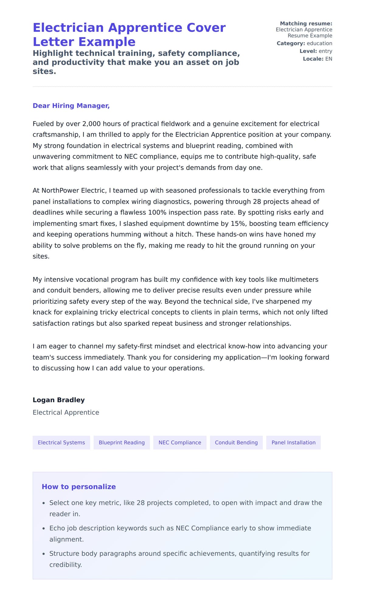 Cover Letter preview for Electrician Apprentice Cover Letter Example