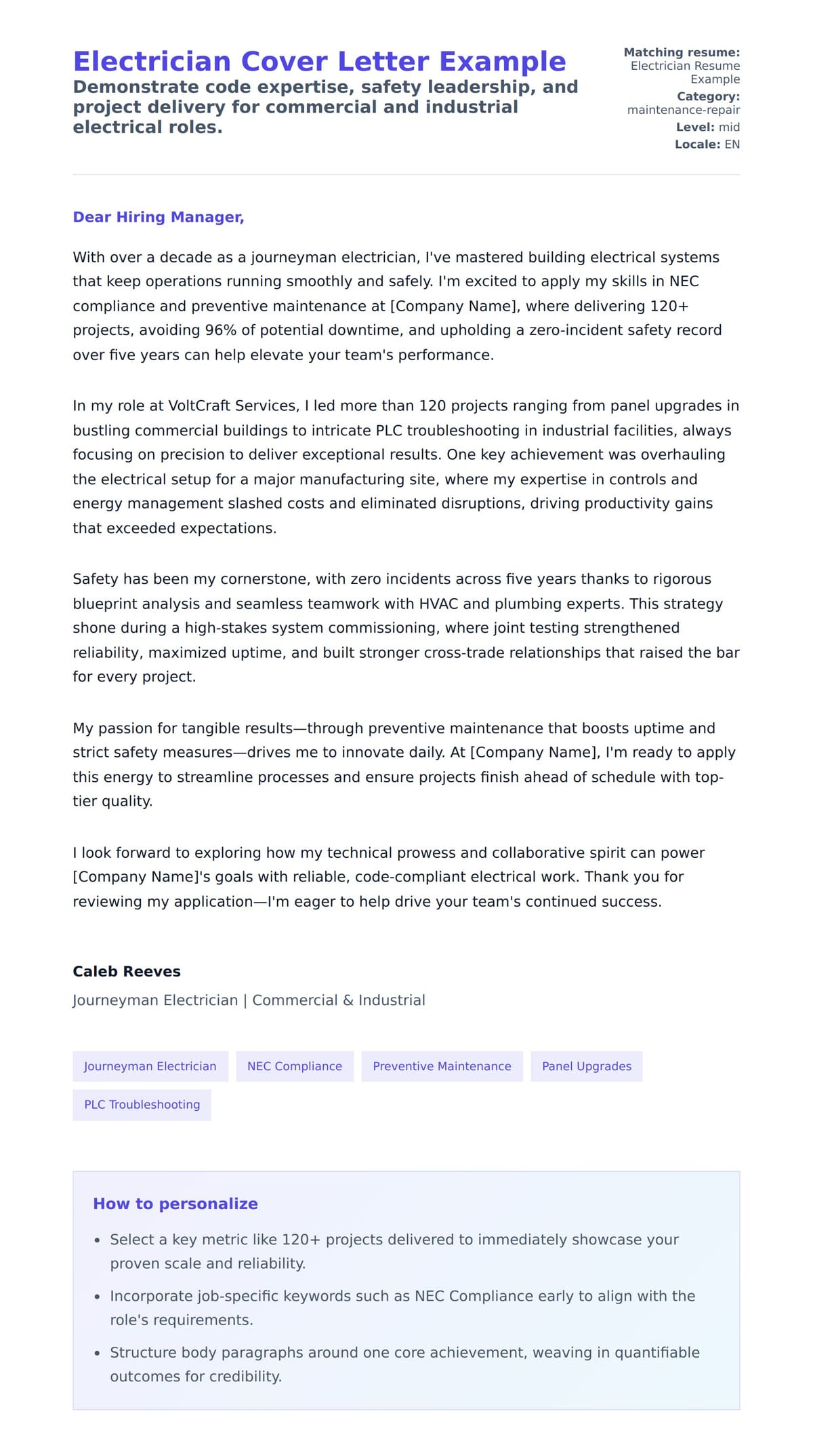 Cover Letter preview for Electrician Cover Letter Example