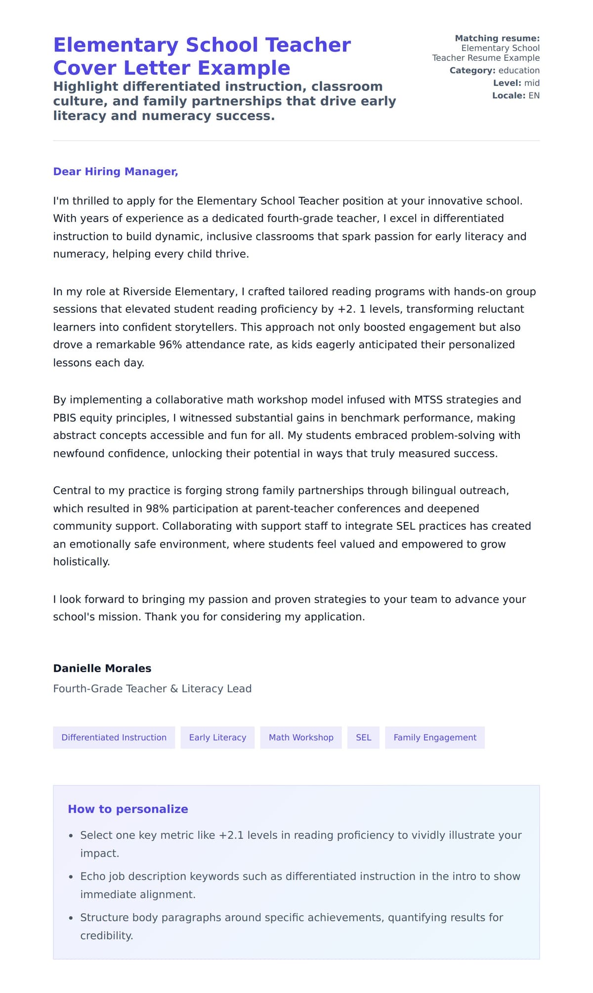 Cover Letter preview for Elementary School Teacher Cover Letter Example