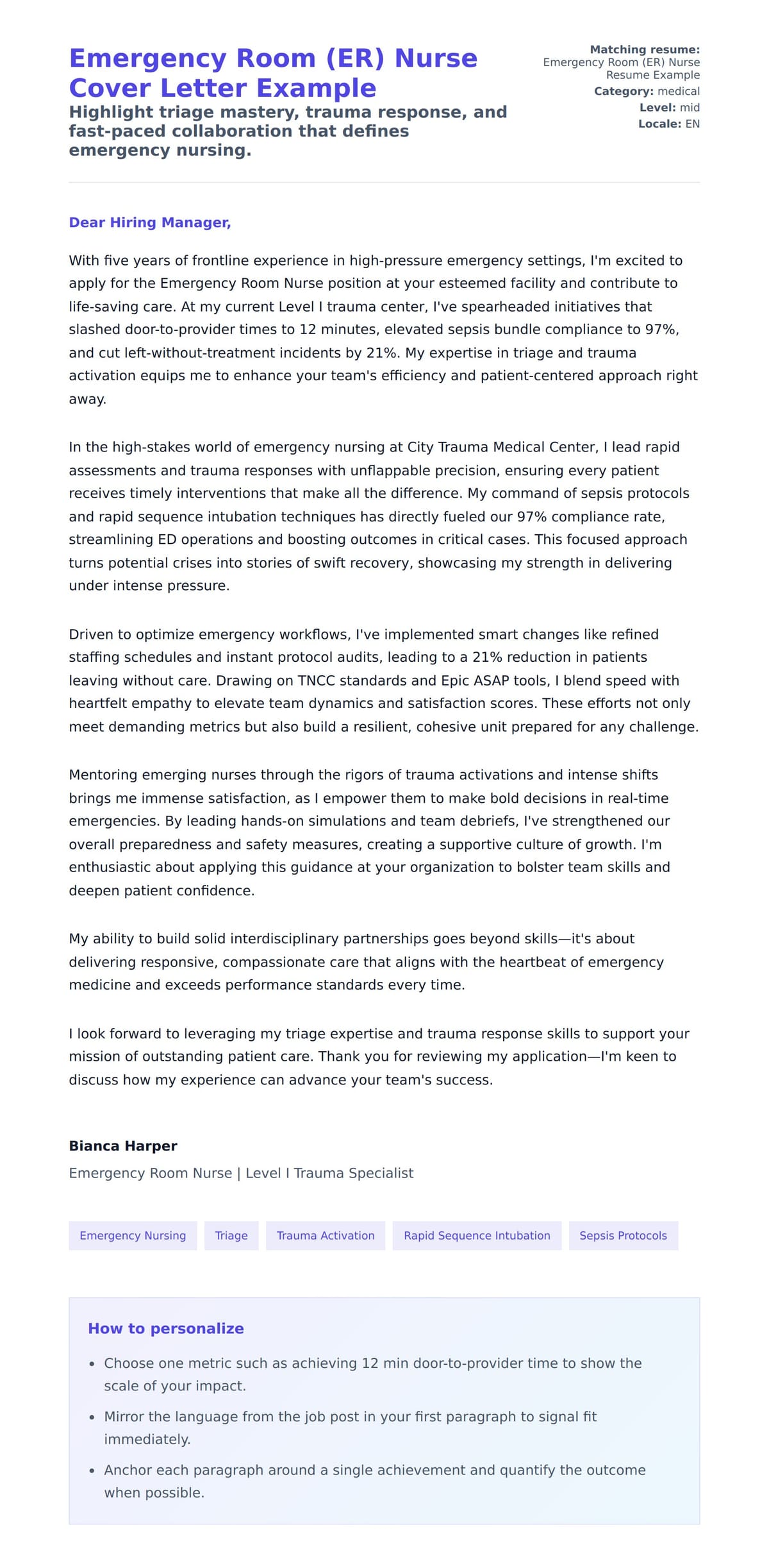 Cover Letter preview for Emergency Room (ER) Nurse Cover Letter Example