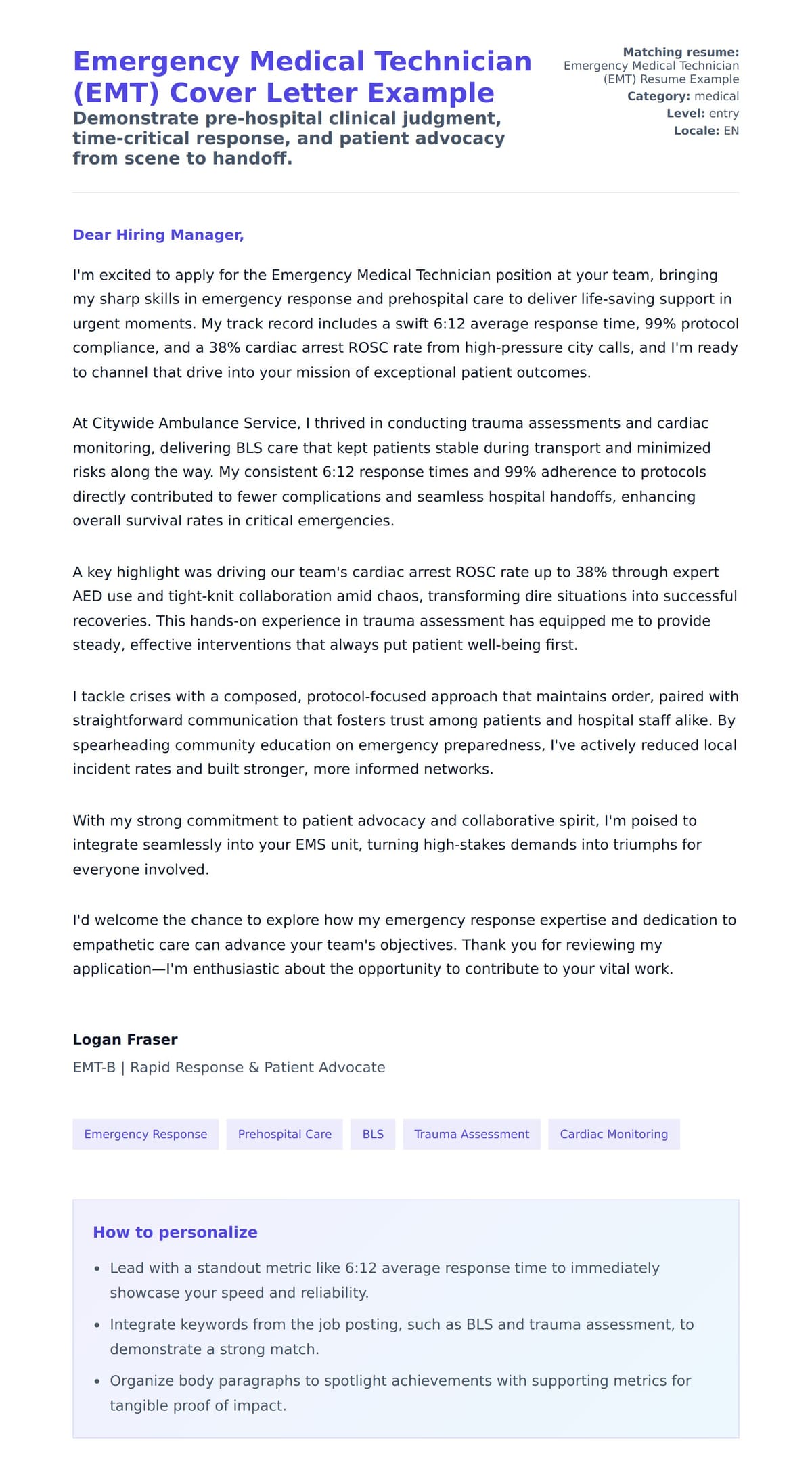 Cover Letter preview for Emergency Medical Technician (EMT) Cover Letter Example