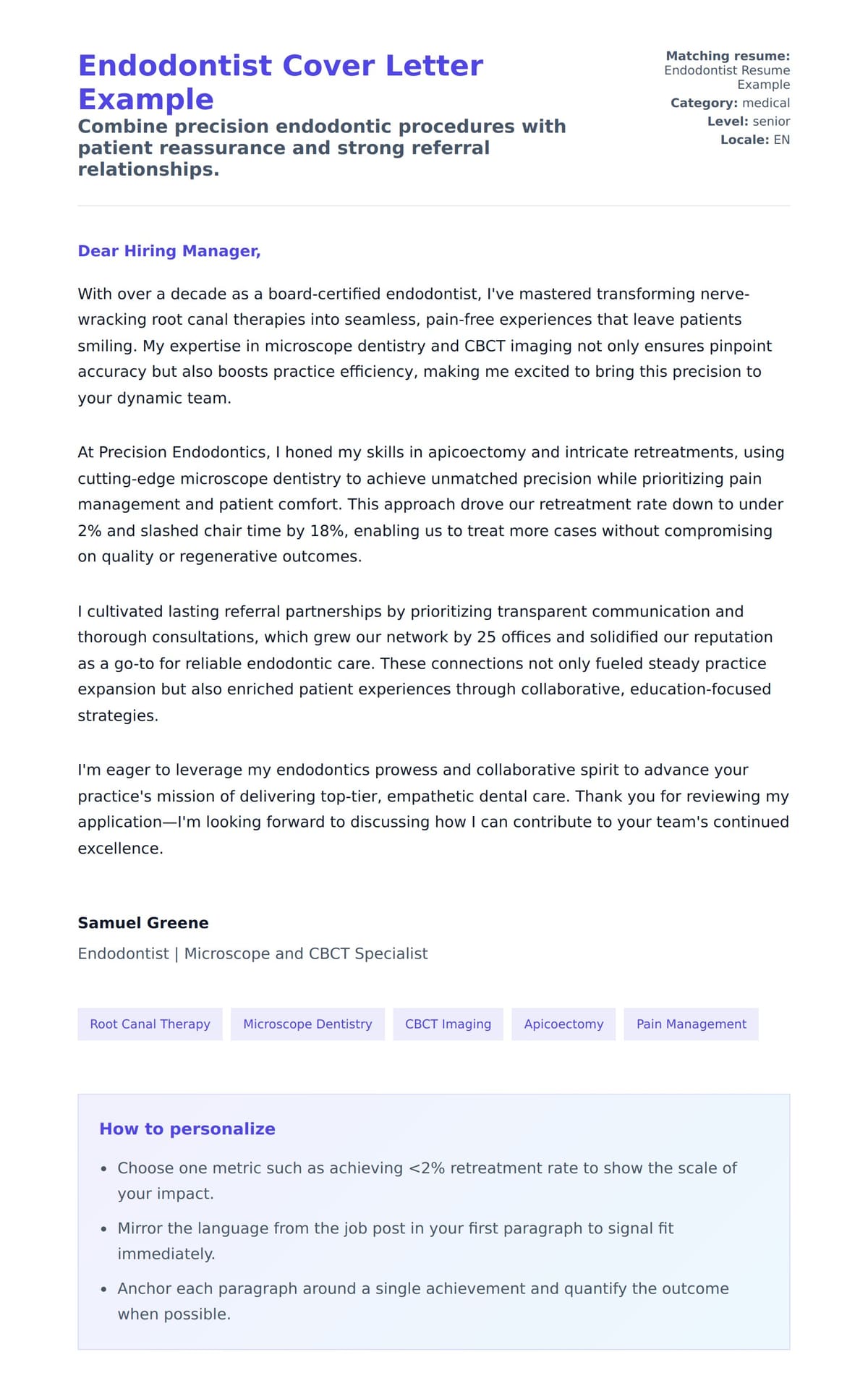 Cover Letter preview for Endodontist Cover Letter Example
