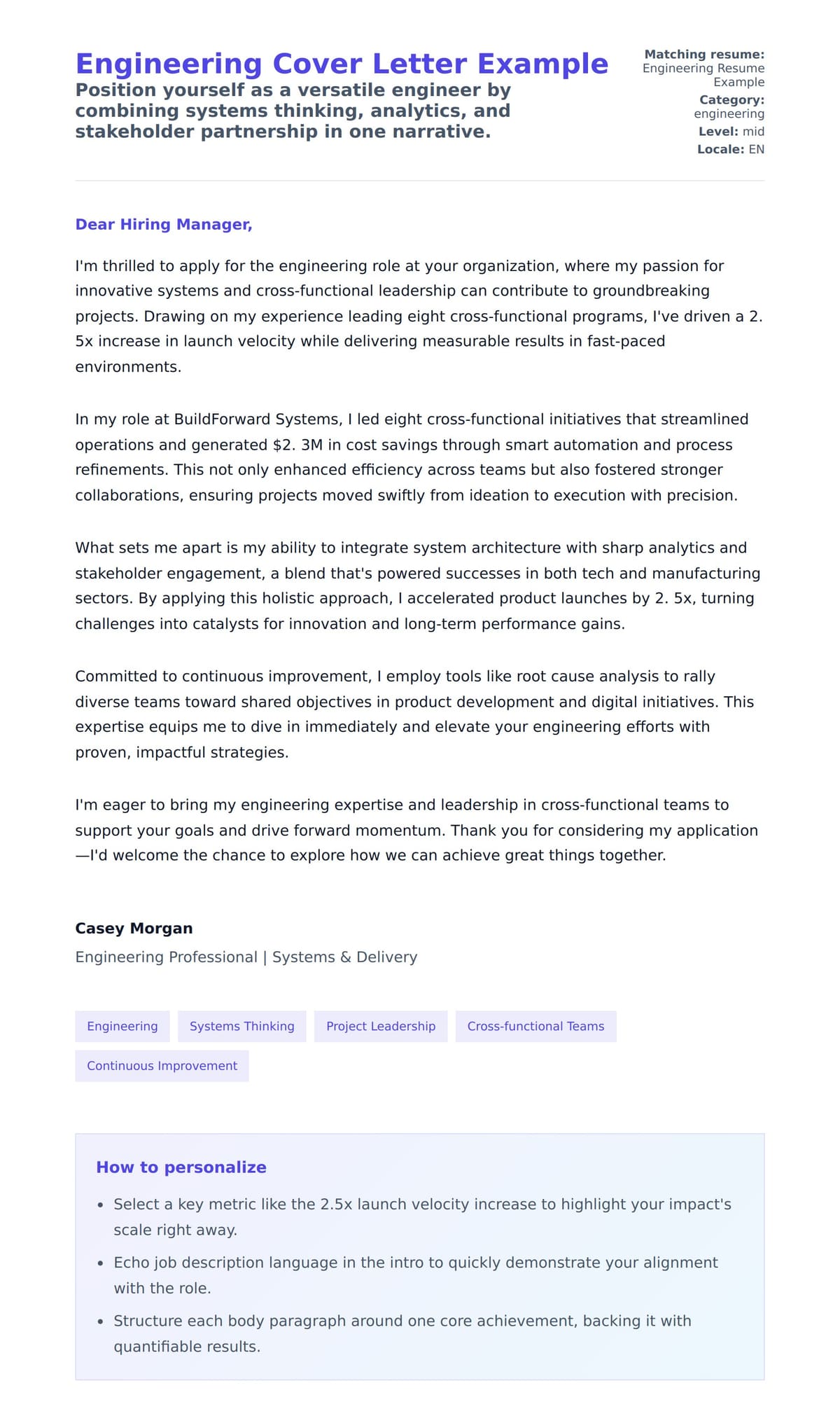 Cover Letter preview for Engineering Cover Letter Example