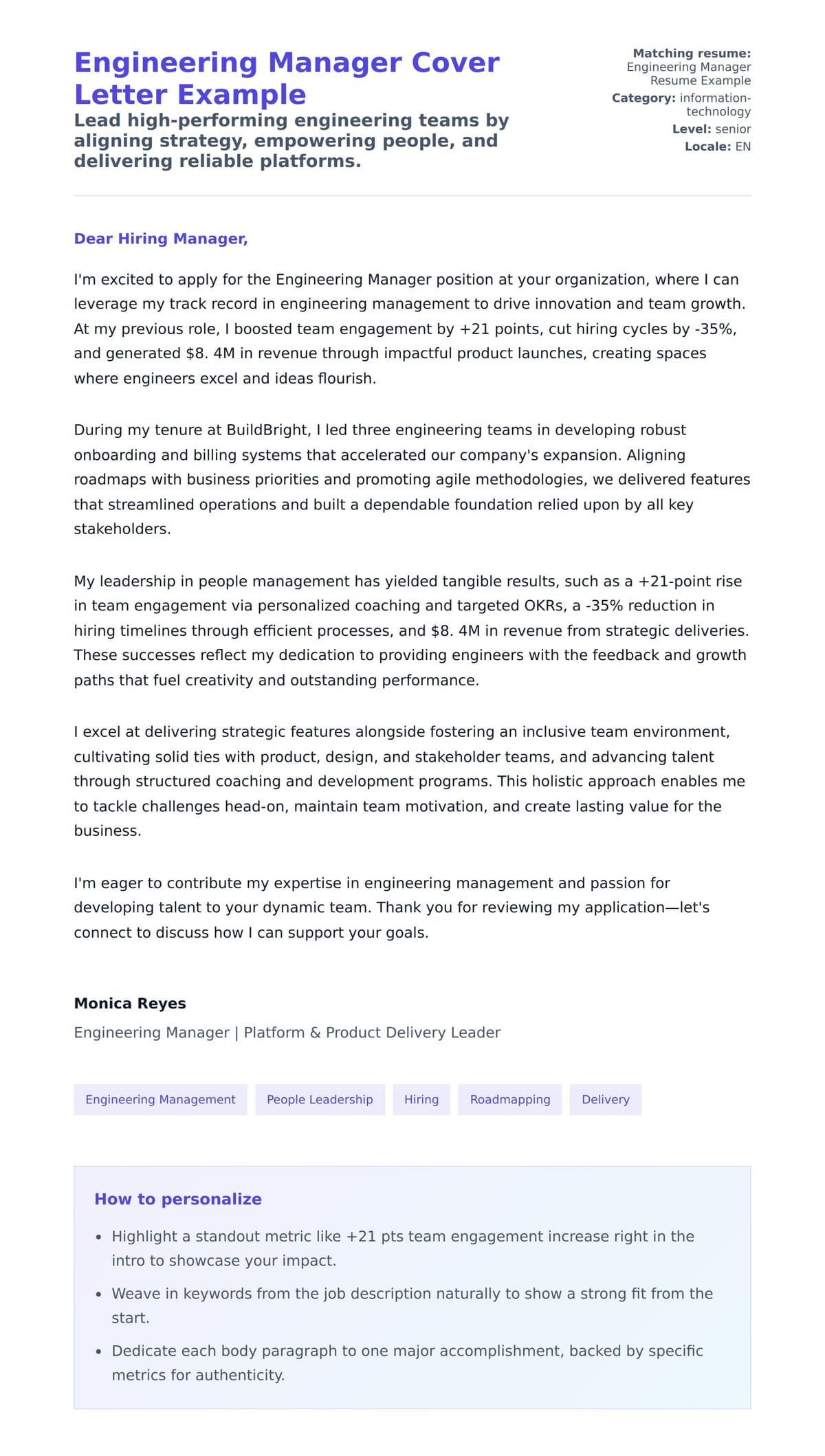 Cover Letter preview for Engineering Manager Cover Letter Example