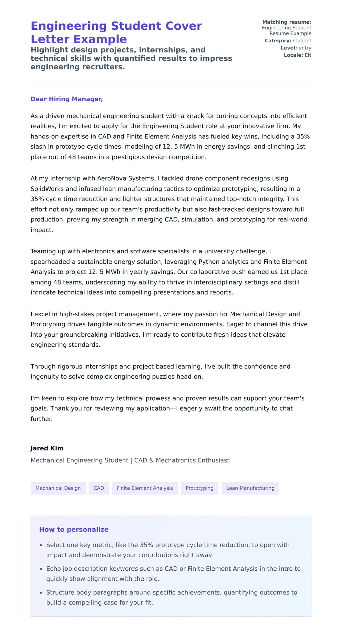 Cover Letter preview for Engineering Student Cover Letter Example