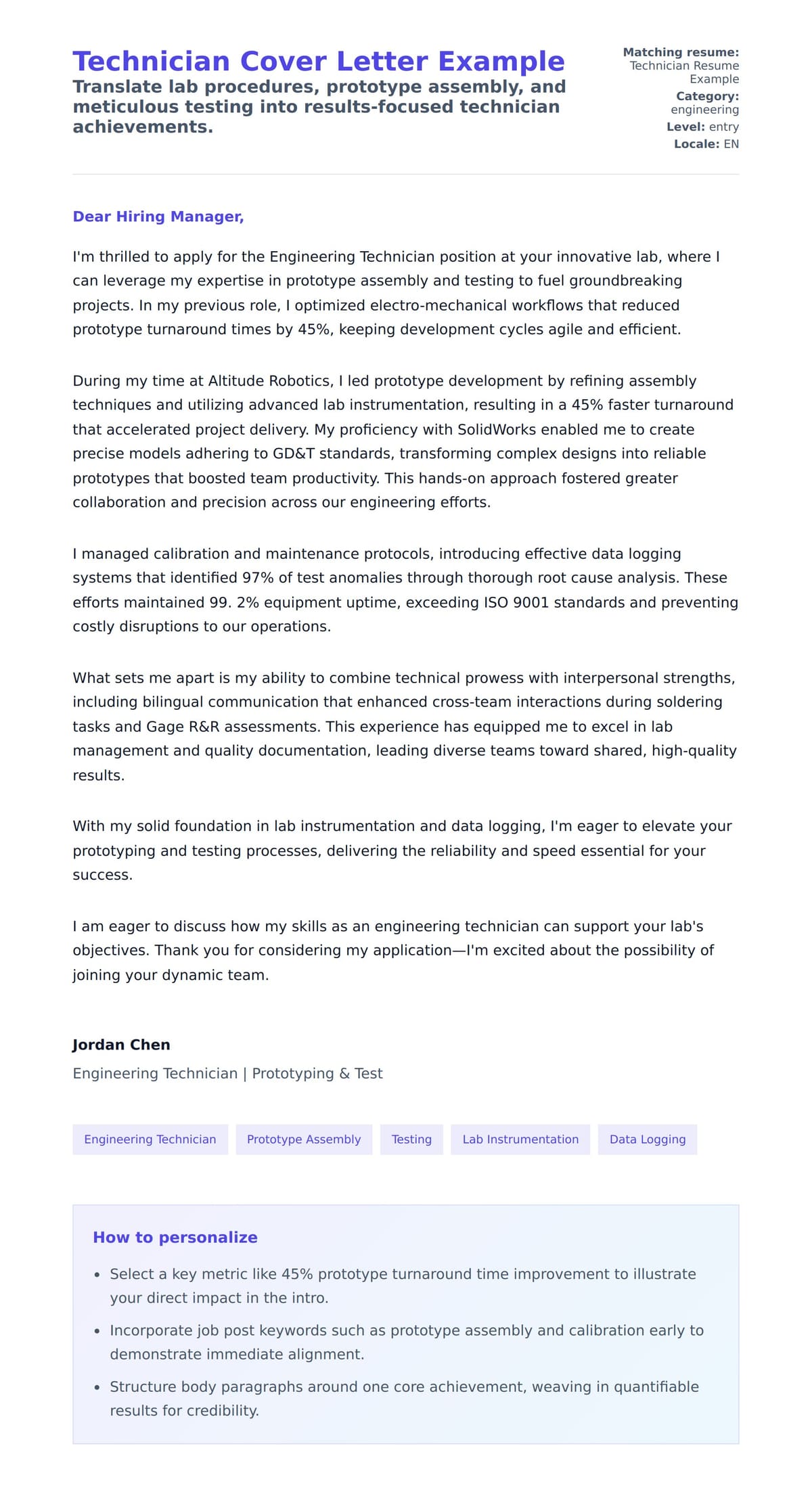 Cover Letter preview for Technician Cover Letter Example