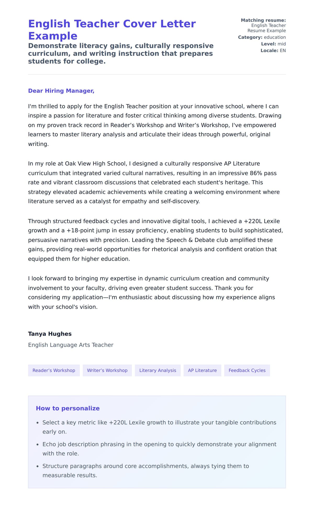 Cover Letter preview for English Teacher Cover Letter Example