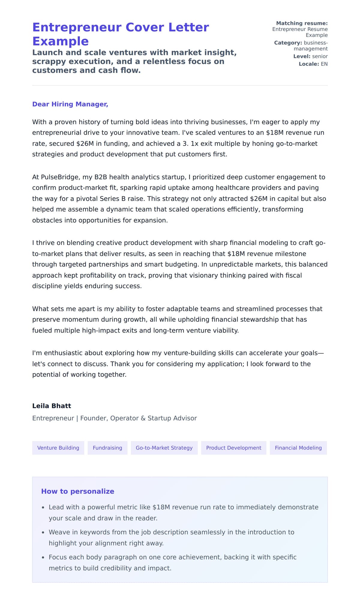 Cover Letter preview for Entrepreneur Cover Letter Example