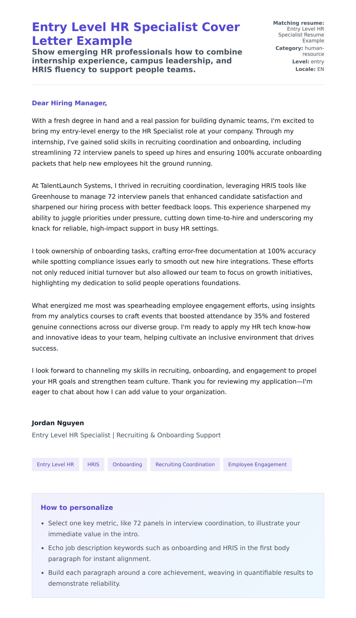 Cover Letter preview for Entry Level HR Specialist Cover Letter Example