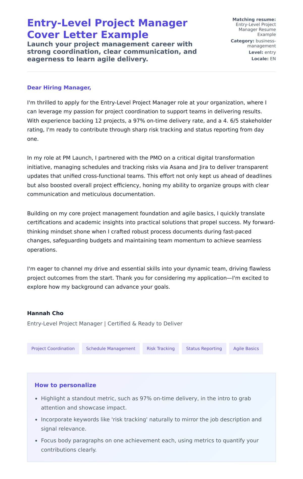 Cover Letter preview for Entry-Level Project Manager Cover Letter Example