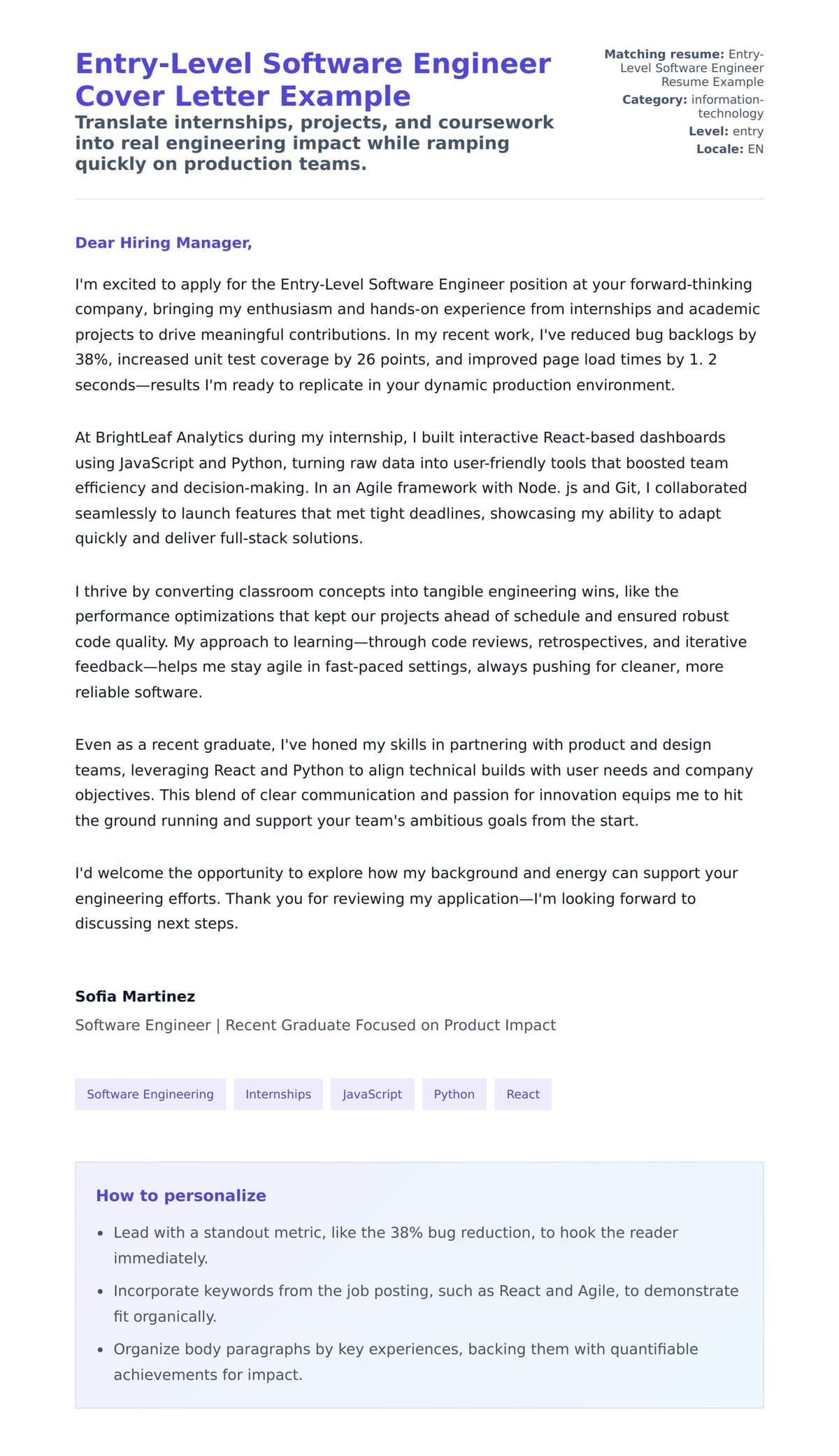 Cover Letter preview for Entry-Level Software Engineer Cover Letter Example