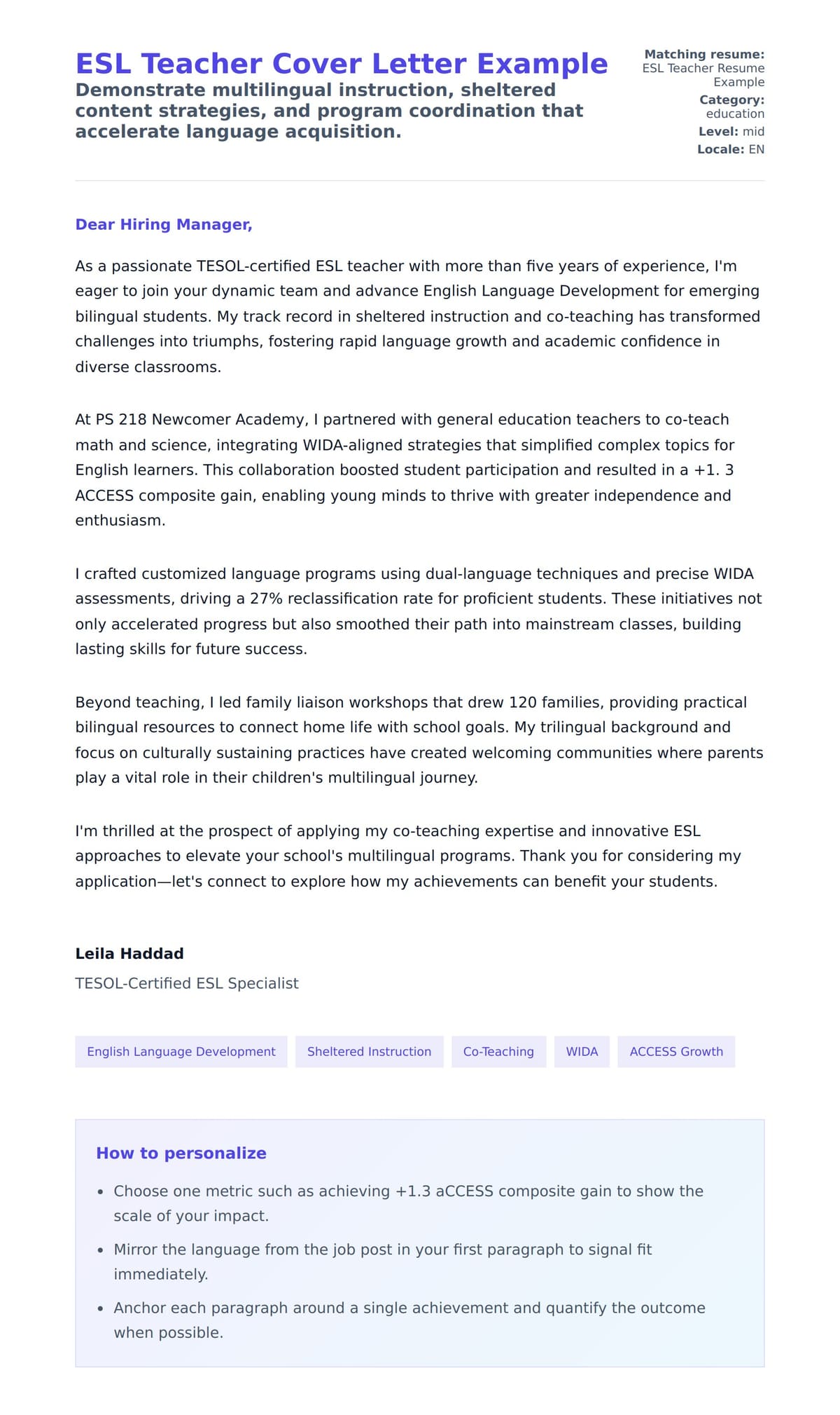 Cover Letter preview for ESL Teacher Cover Letter Example