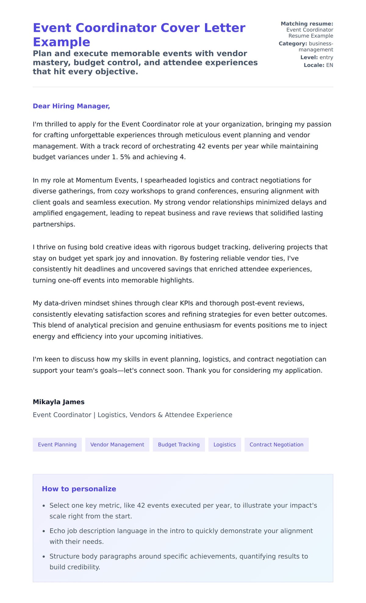 Cover Letter preview for Event Coordinator Cover Letter Example