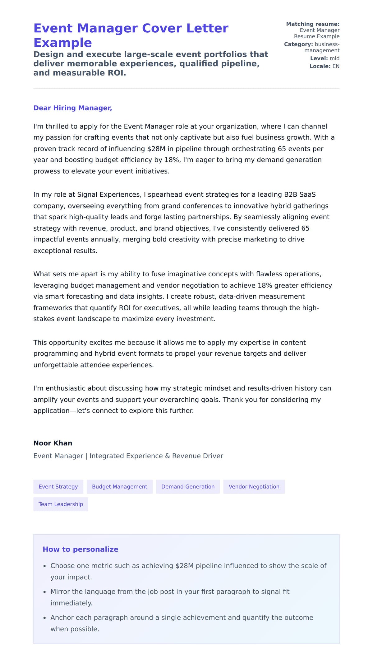 Cover Letter preview for Event Manager Cover Letter Example
