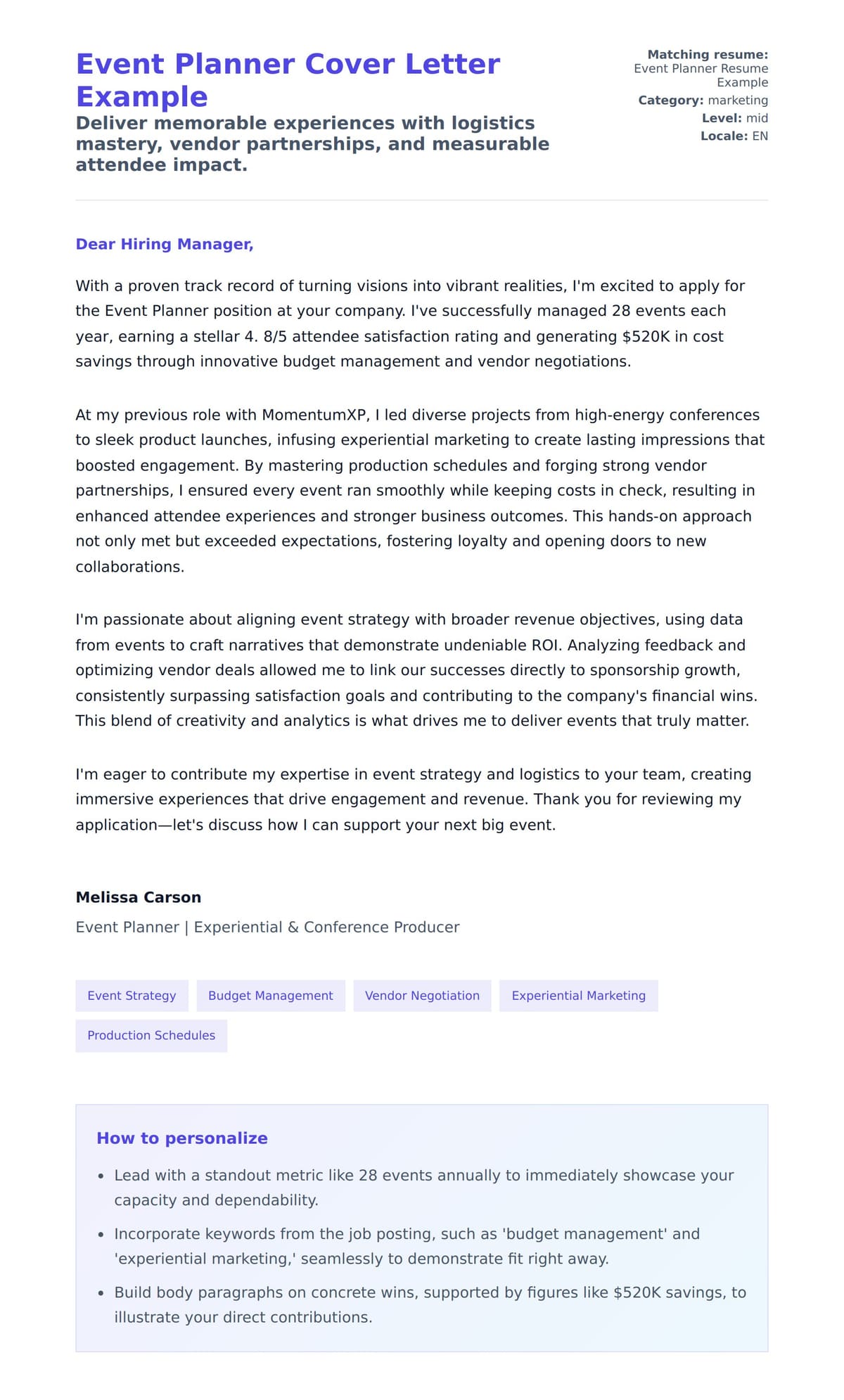 Cover Letter preview for Event Planner Cover Letter Example