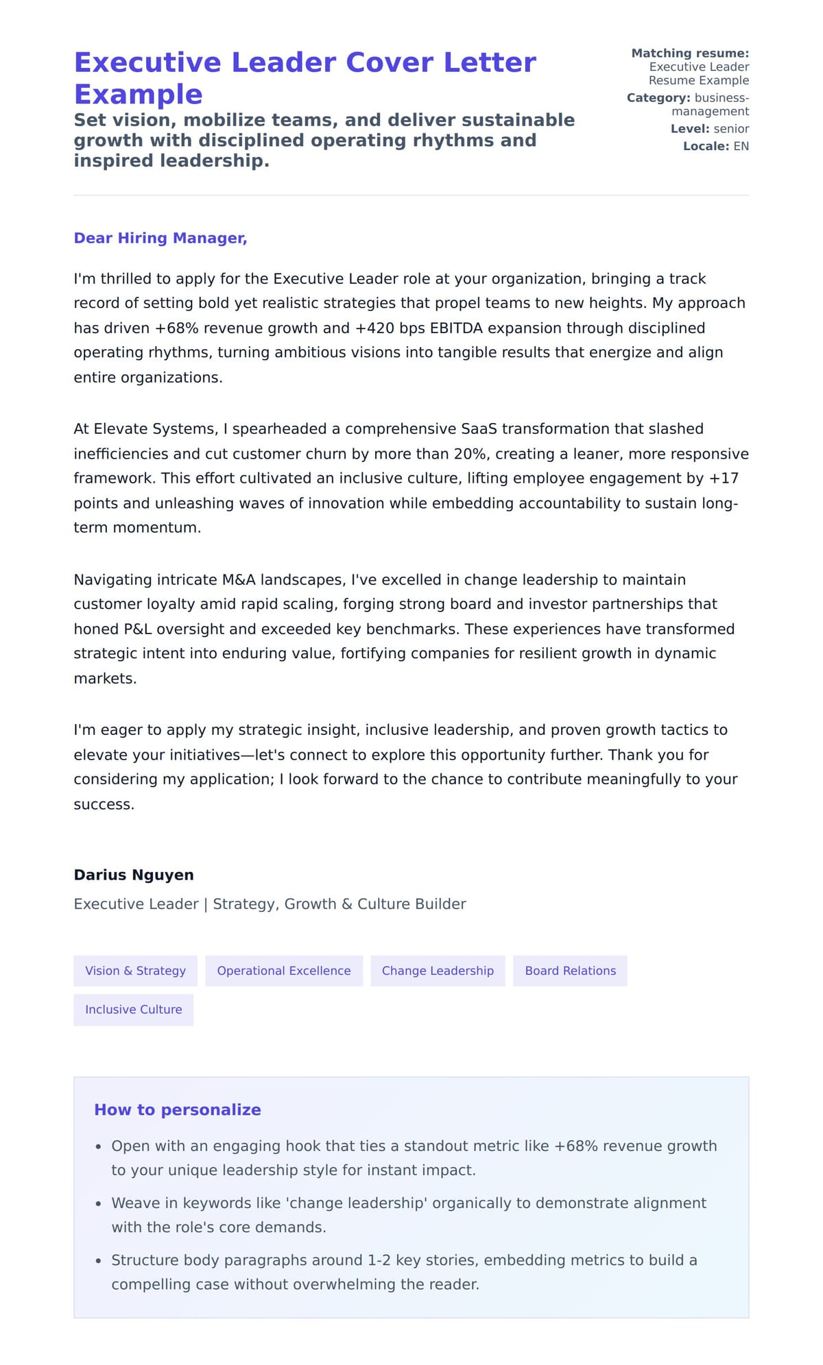 Cover Letter preview for Executive Leader Cover Letter Example
