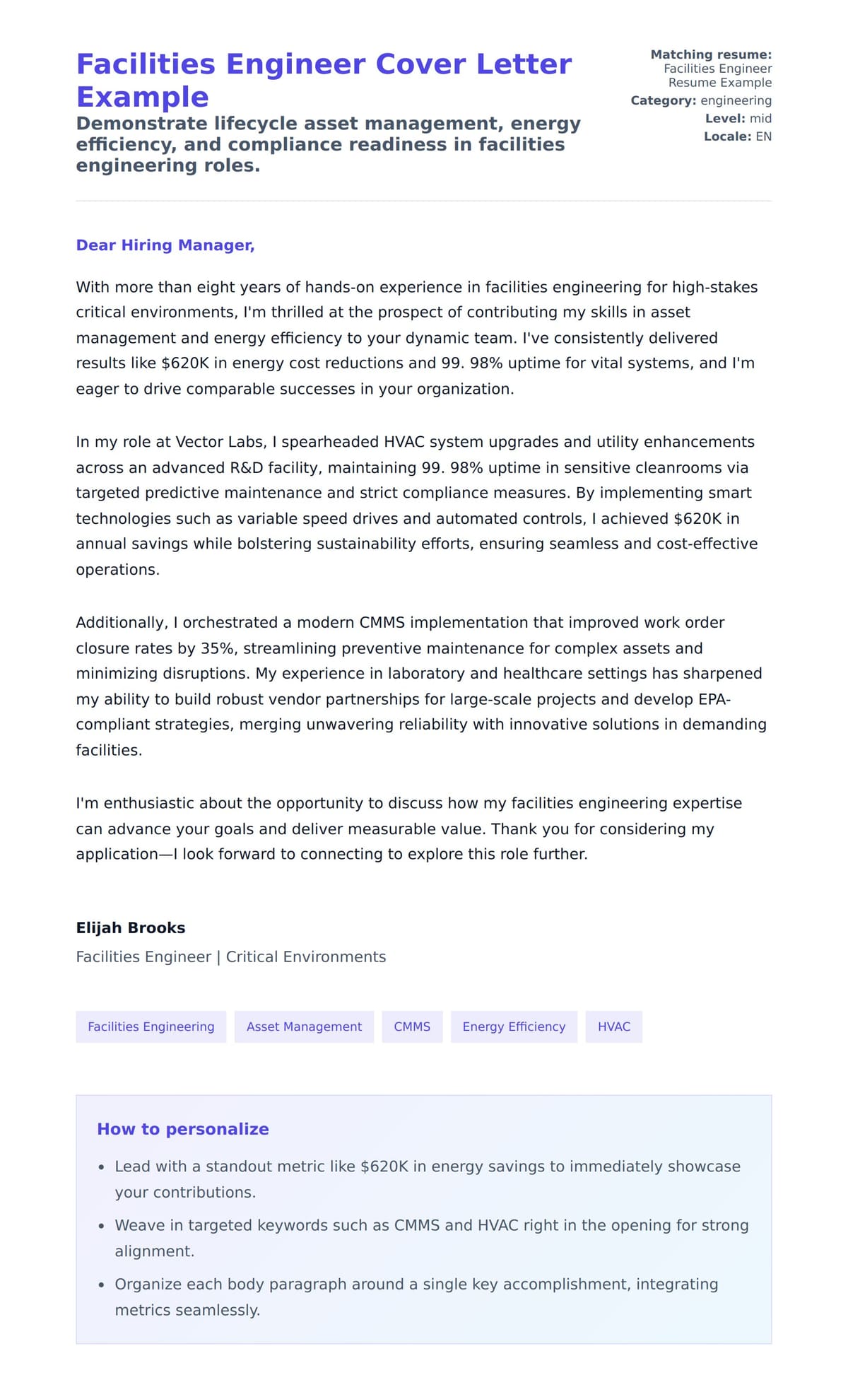 Cover Letter preview for Facilities Engineer Cover Letter Example