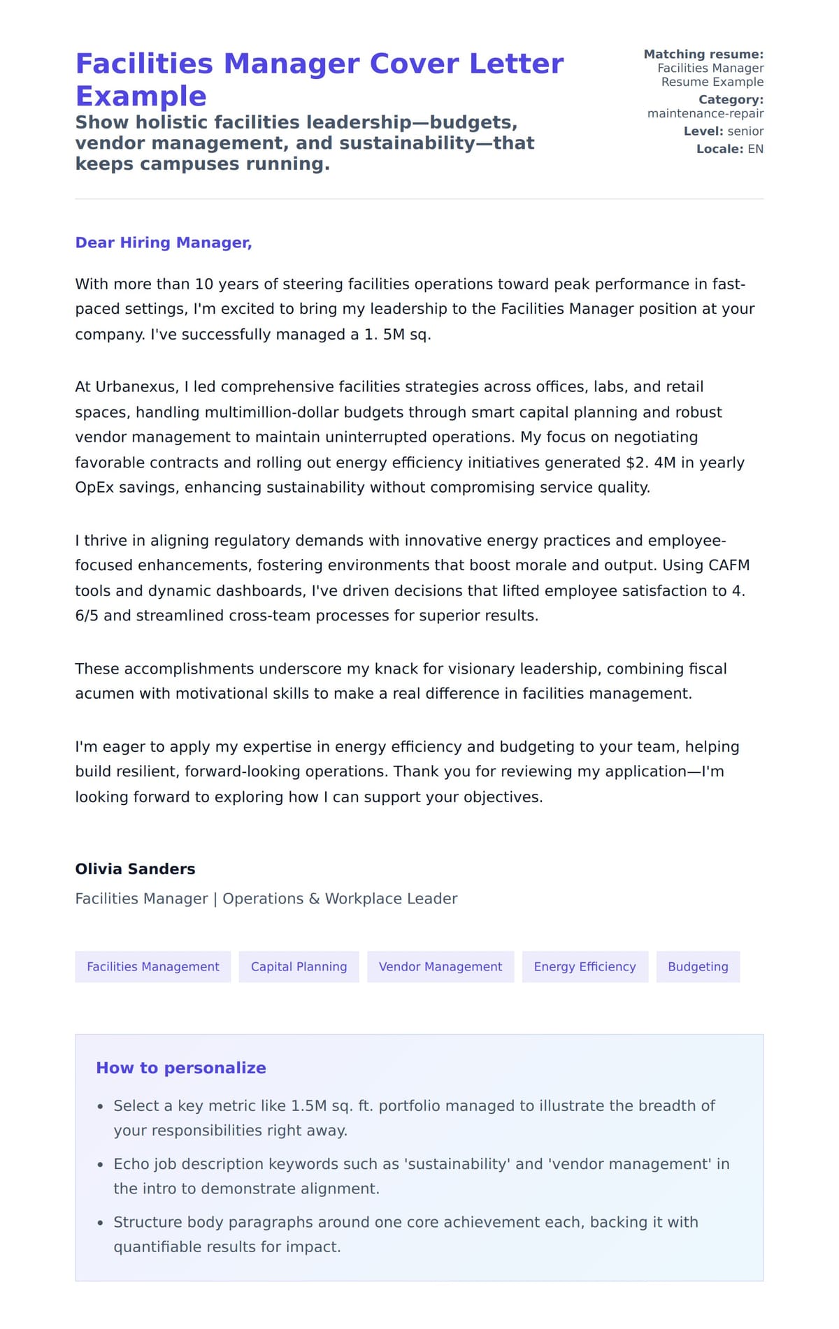 Cover Letter preview for Facilities Manager Cover Letter Example