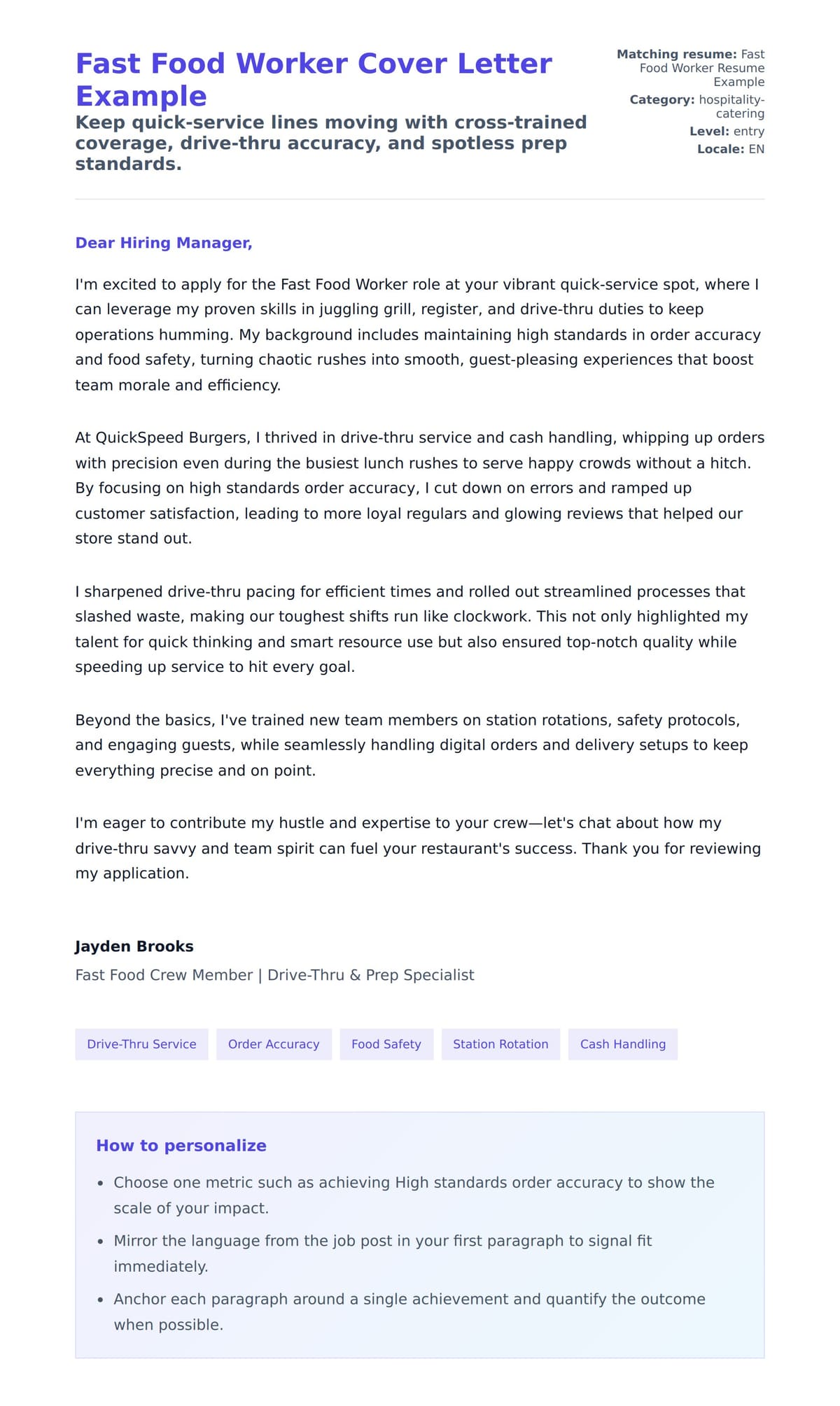Cover Letter preview for Fast Food Worker Cover Letter Example