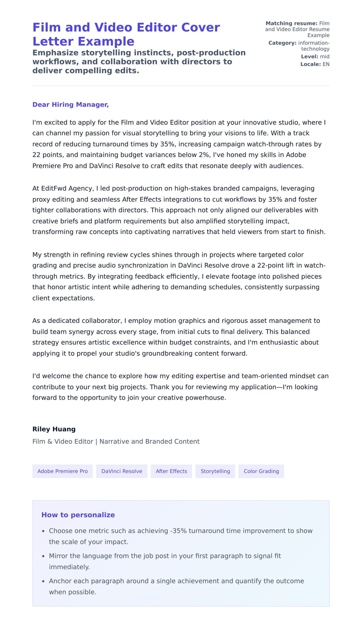 Cover Letter preview for Film and Video Editor Cover Letter Example
