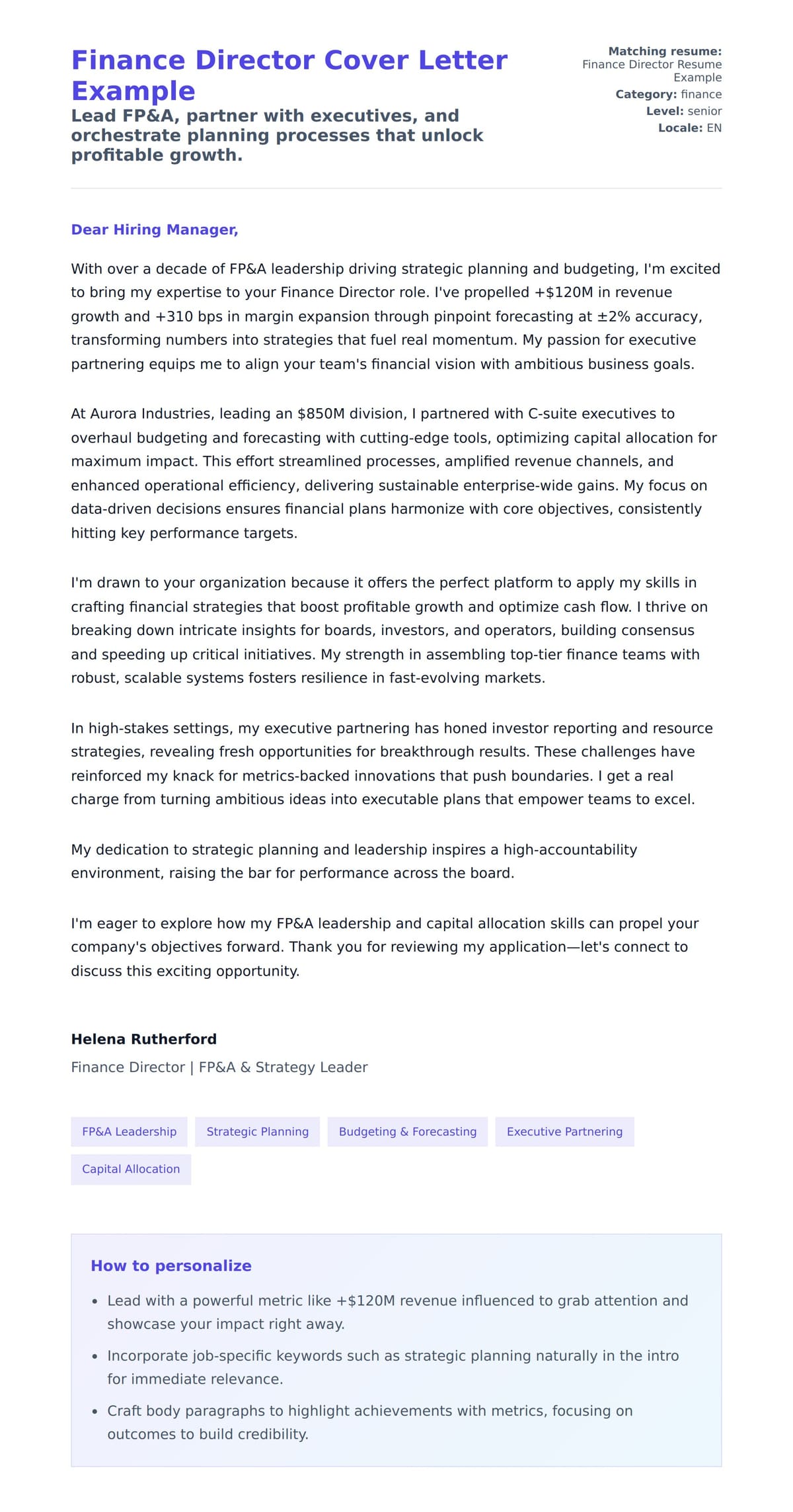 Cover Letter preview for Finance Director Cover Letter Example