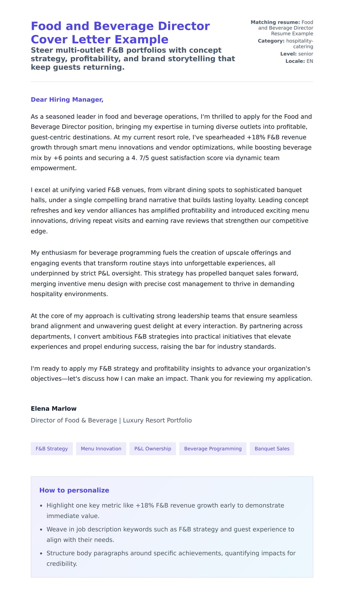 Cover Letter preview for Food and Beverage Director Cover Letter Example