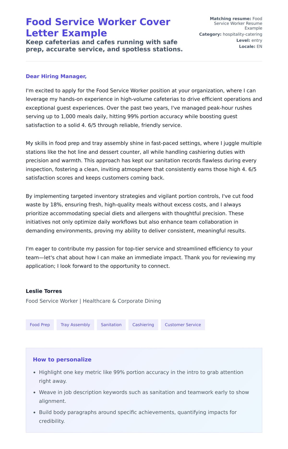 Cover Letter preview for Food Service Worker Cover Letter Example