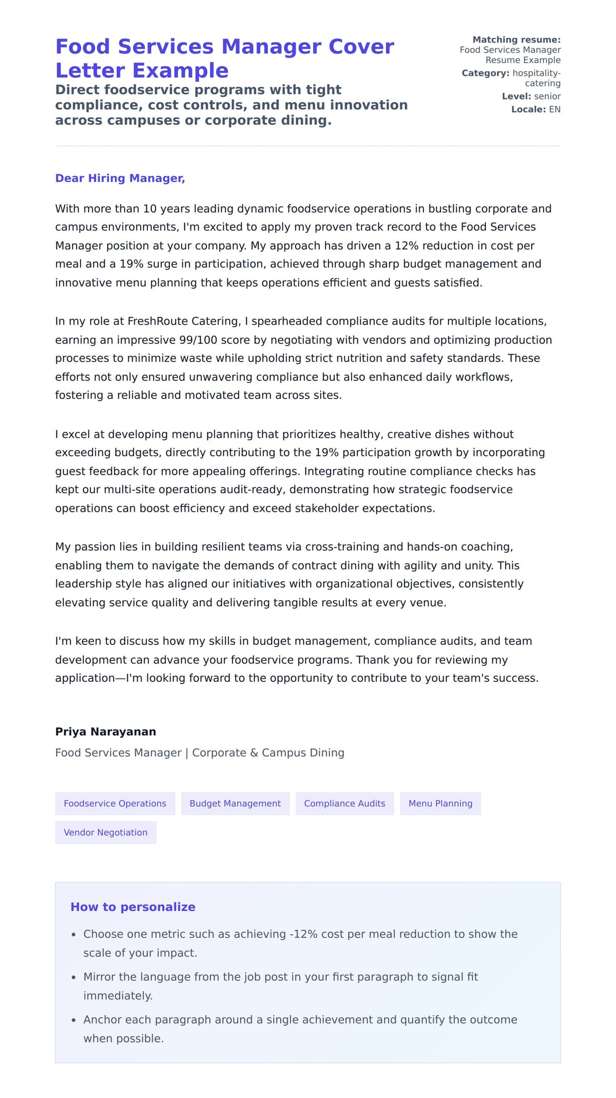 Cover Letter preview for Food Services Manager Cover Letter Example
