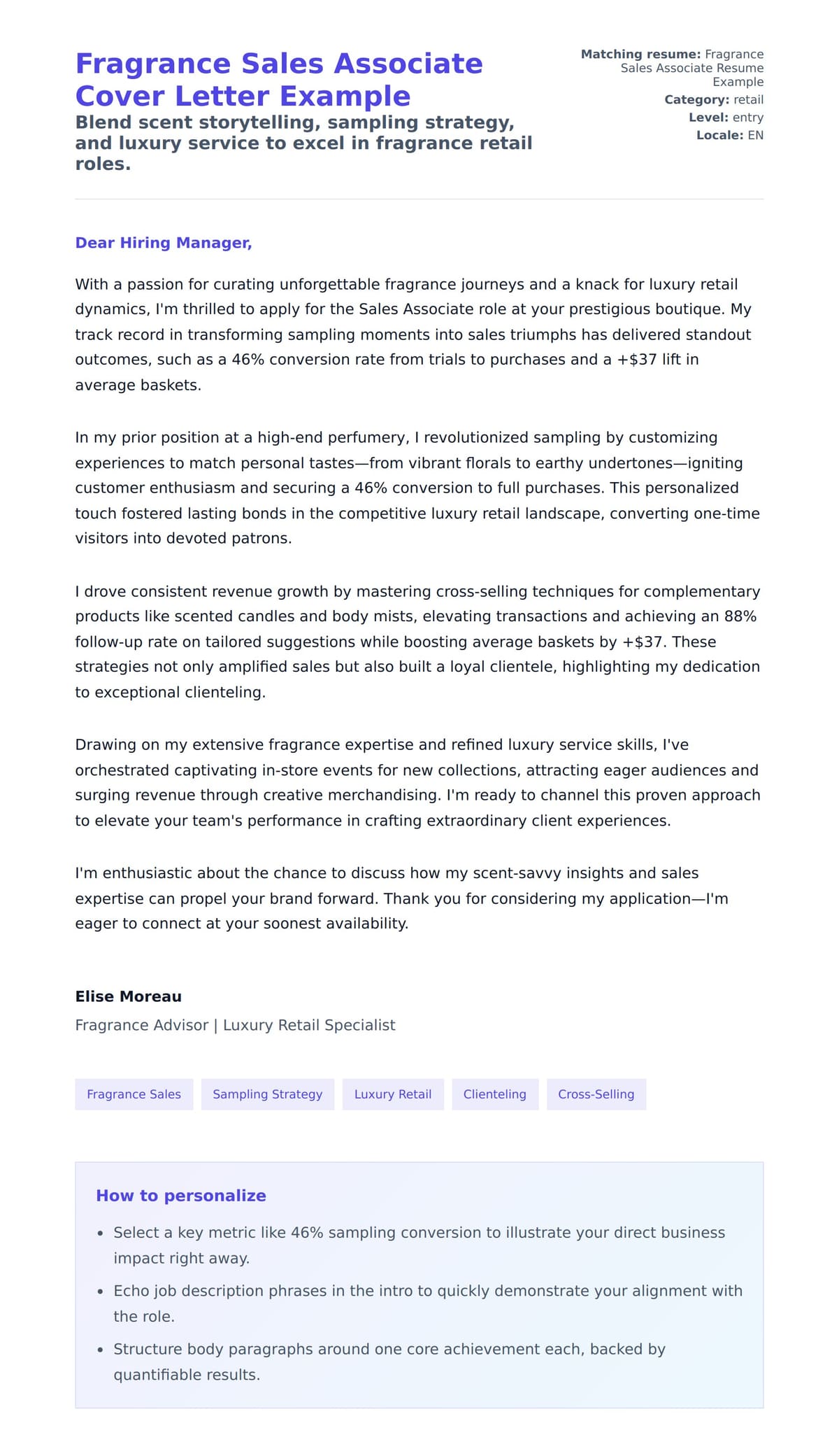 Cover Letter preview for Fragrance Sales Associate Cover Letter Example