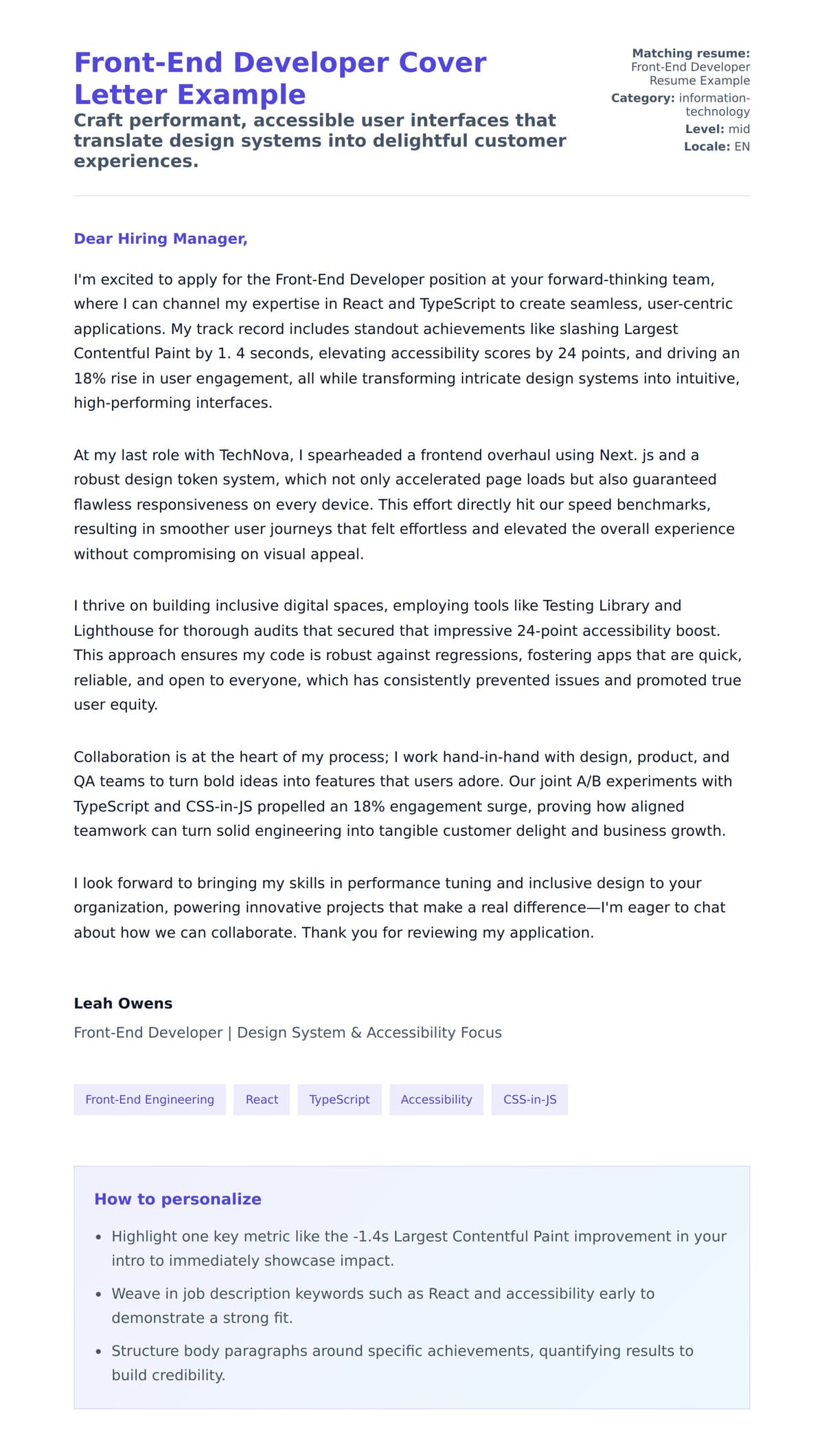 Cover Letter preview for Front-End Developer Cover Letter Example